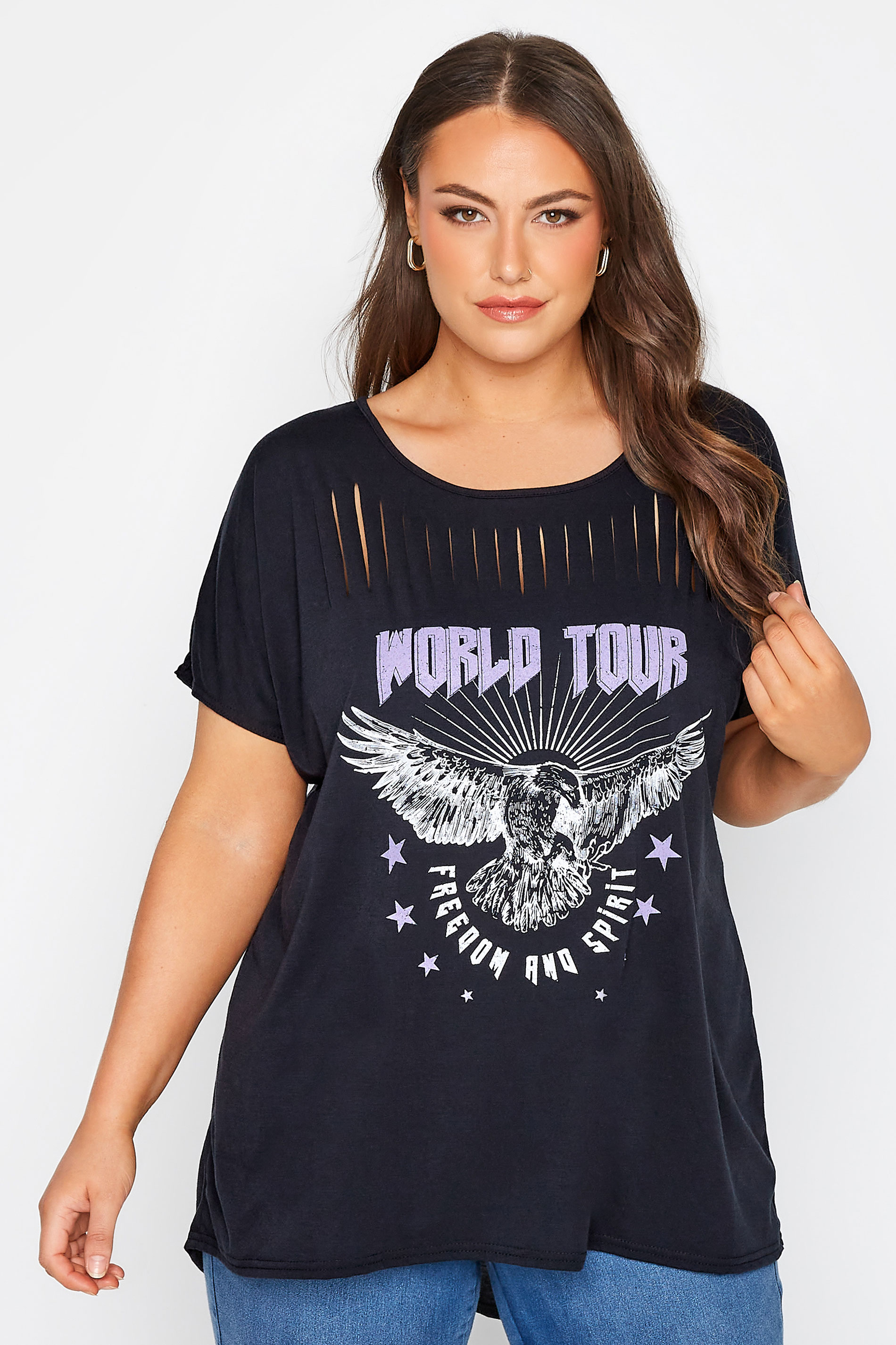 Grande taille  Tops Grande taille  T-Shirts | T-Shirt Noir 'World Tour' Design Découpé - GU35164