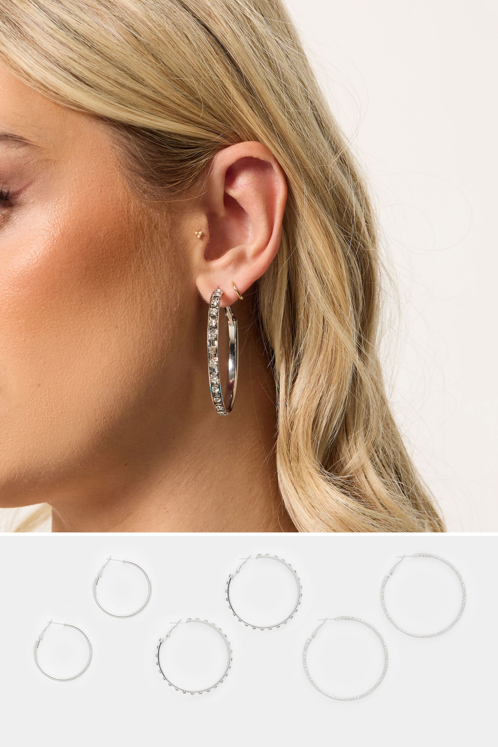 YOURSET 3 PACK Silver Tone Diamante Hoop Earrings | Yours Clothing 1