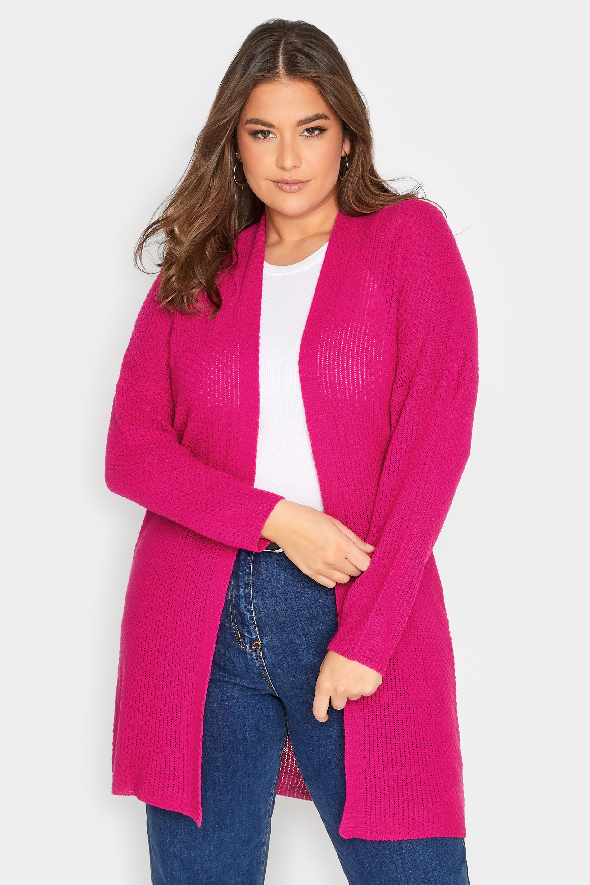 YOURS Plus Size Bright Pink Knitted Long Sleeve Cardigan | Yours Clothing 1
