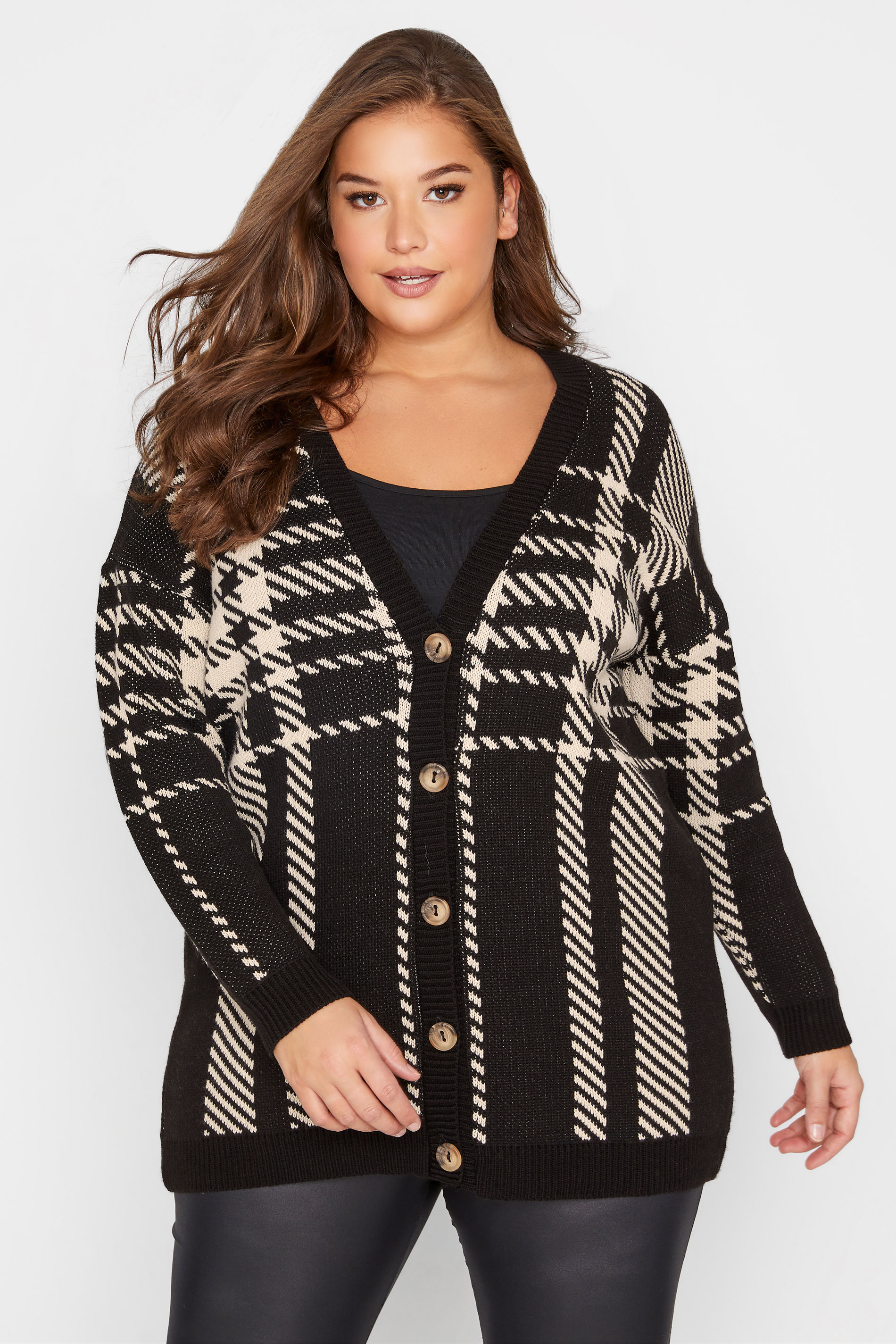 Curve Black Dogtooth Check Button Cardigan 1