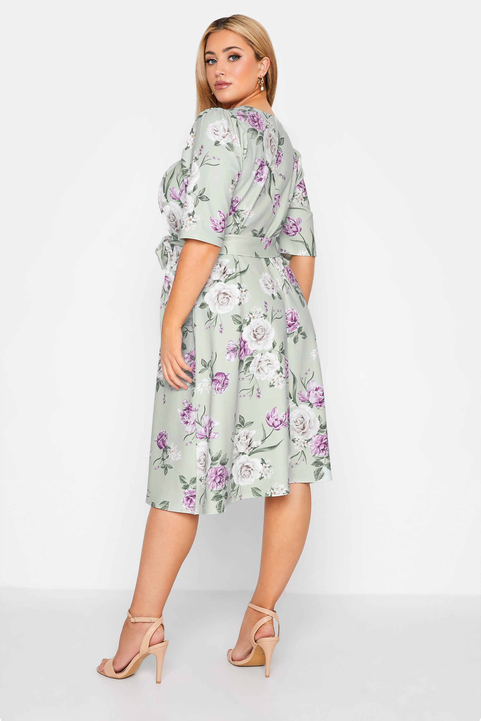 YOURS LONDON Plus Size Curve Sage Green Floral Square Neck Dress | Yours Clothing 3