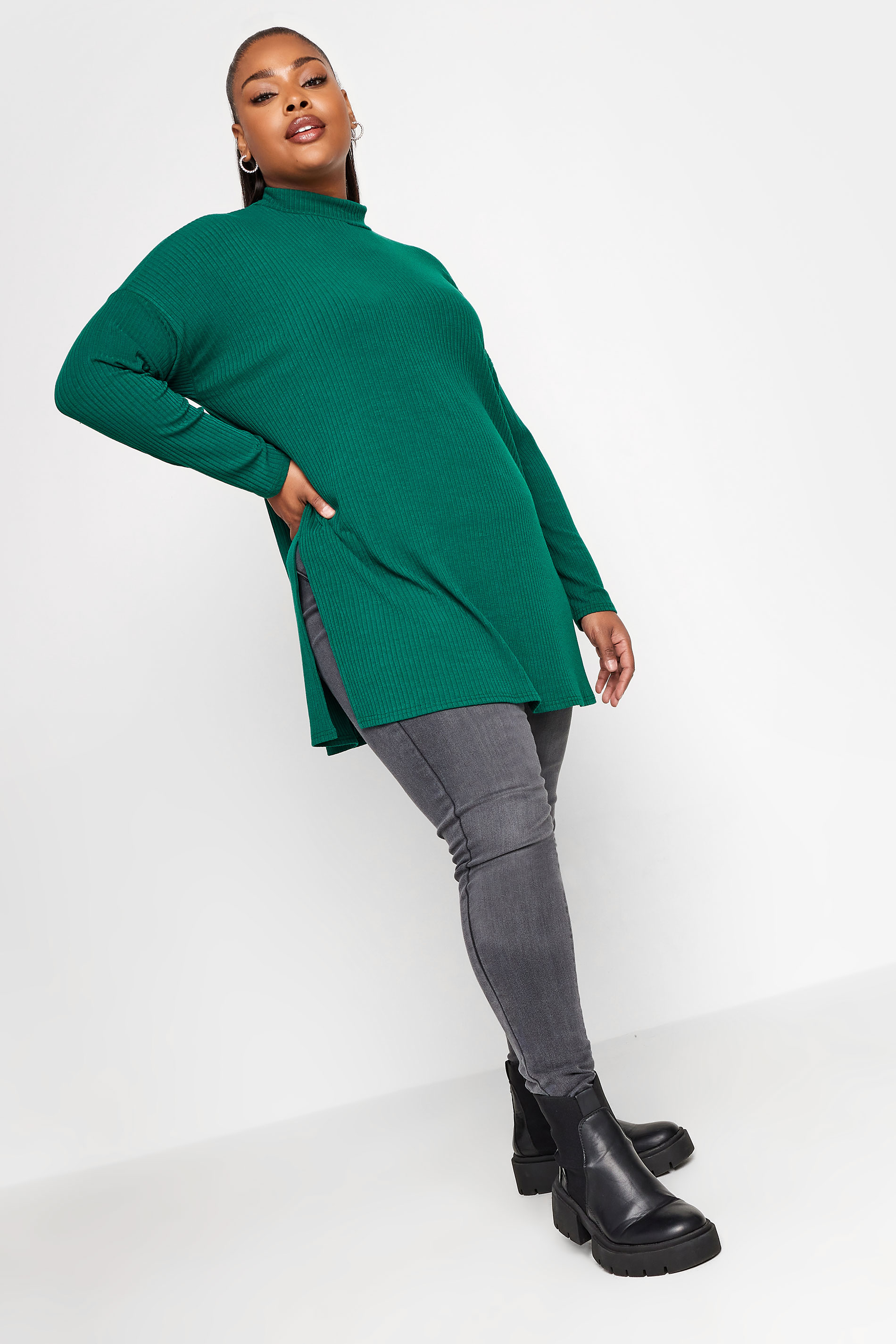 YOURS Plus Size Green Ribbed Turtle Neck Top | Yours Clothing 2