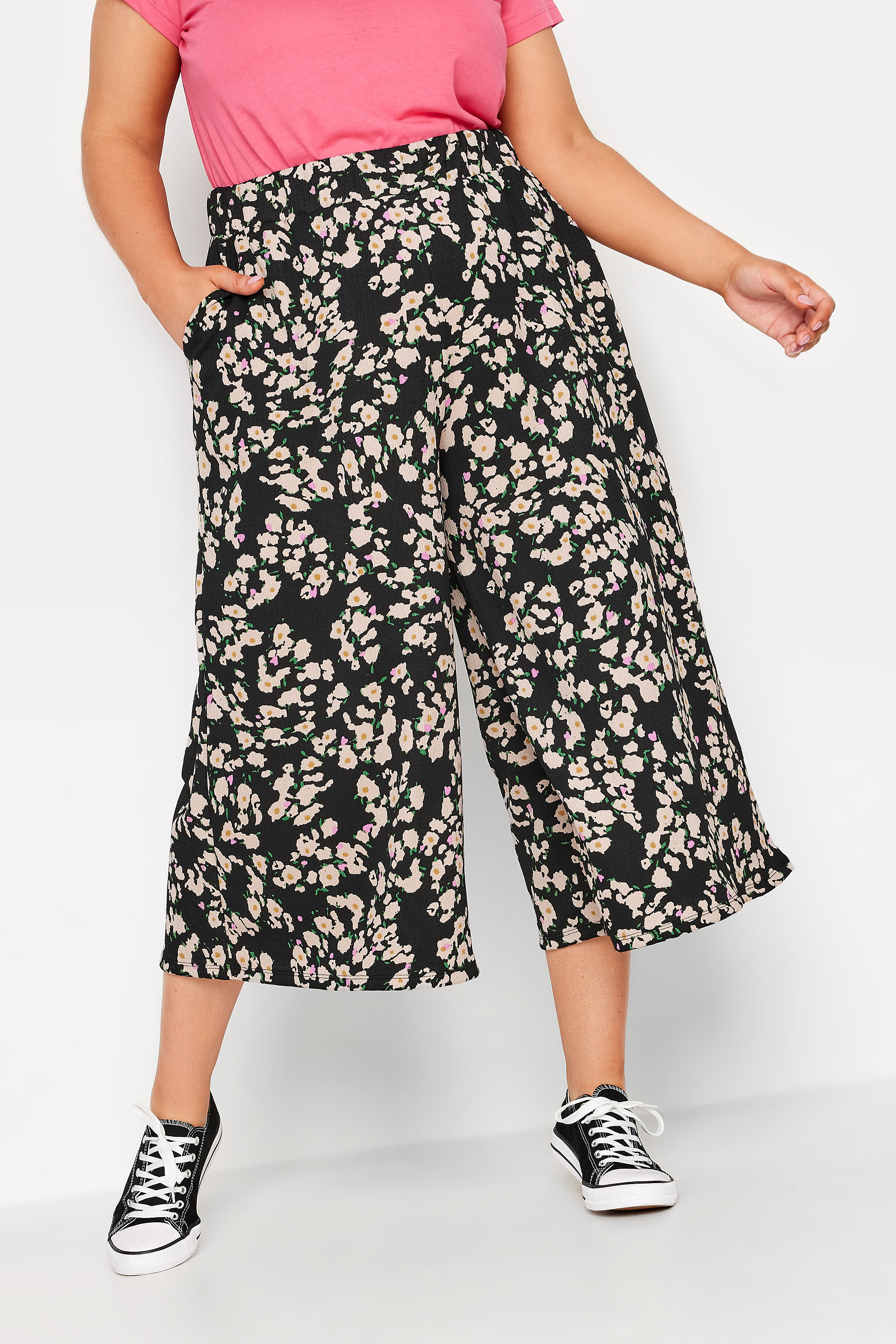 YOURS Plus Size Black Abstract Floral Print Midaxi Culottes | Yours Clothing 1