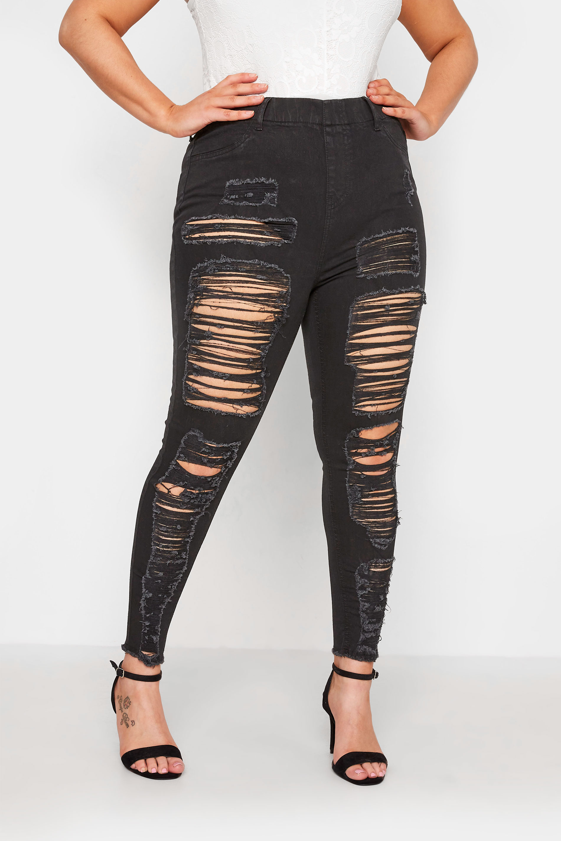Plus Size Black Frayed Ripped GRACE Jeggings | Yours Clothing 1