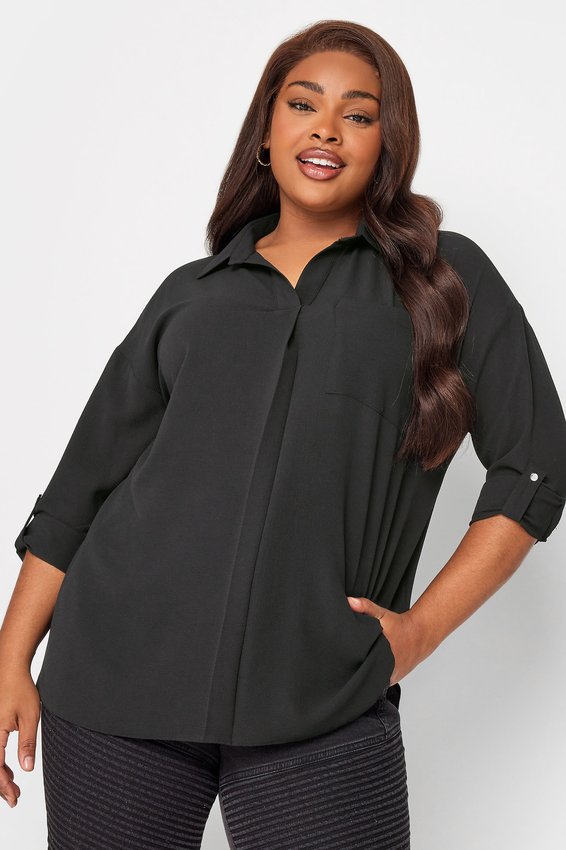 YOURS Plus Size Black Half Placket Collared Blouse | Yours Clothing 1