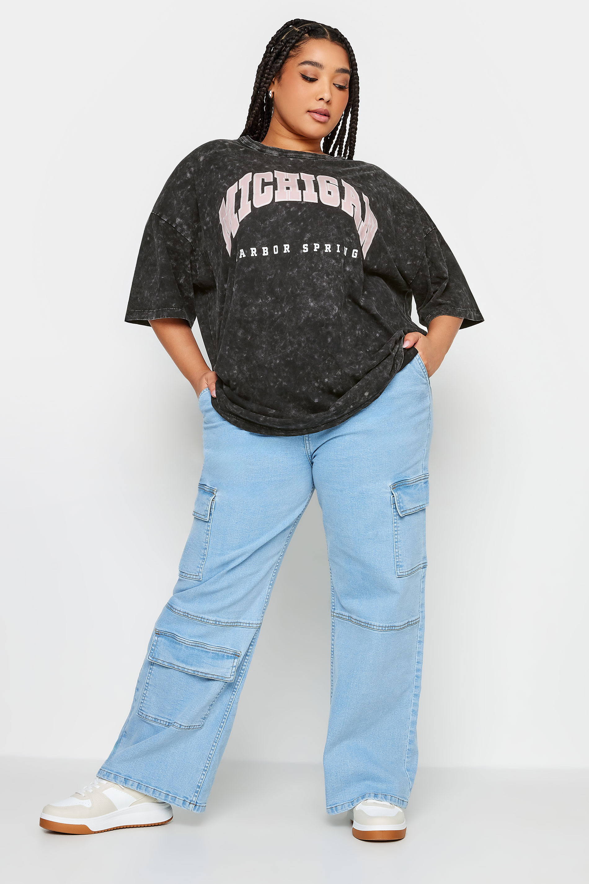 YOURS Plus Size Black 'Michigan' Slogan Acid Wash Oversized Boxy T-Shirt | Yours Clothing  2