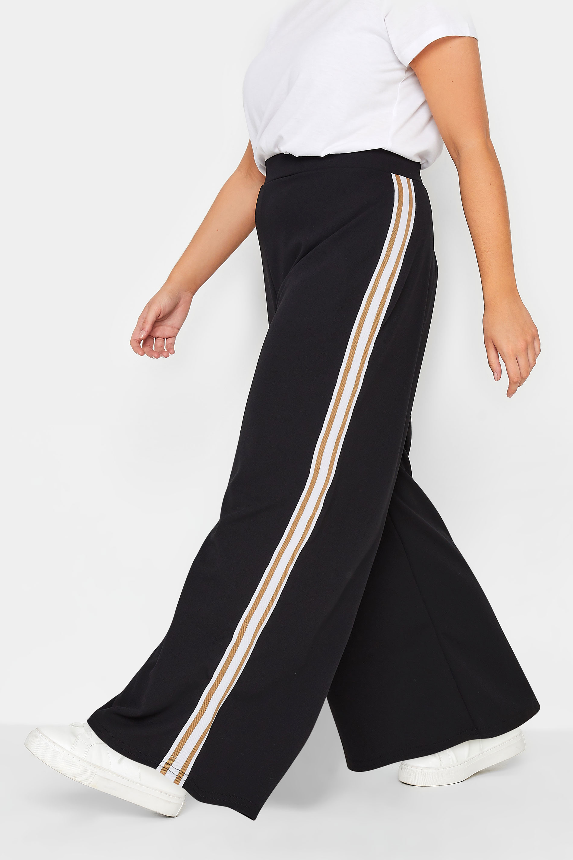 YOURS PETITE Plus Size Black & Brown Block Stripe Wide Leg Trousers | Yours Clothing 1
