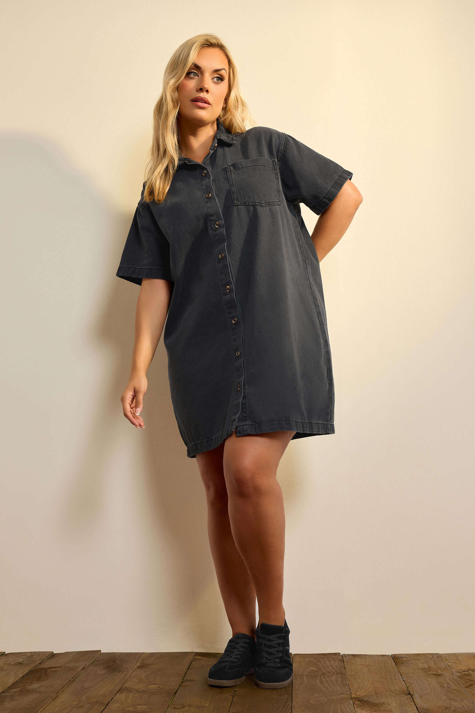 Yours Women's Curve Black Washed Denim Shirt Dress Size 18-20