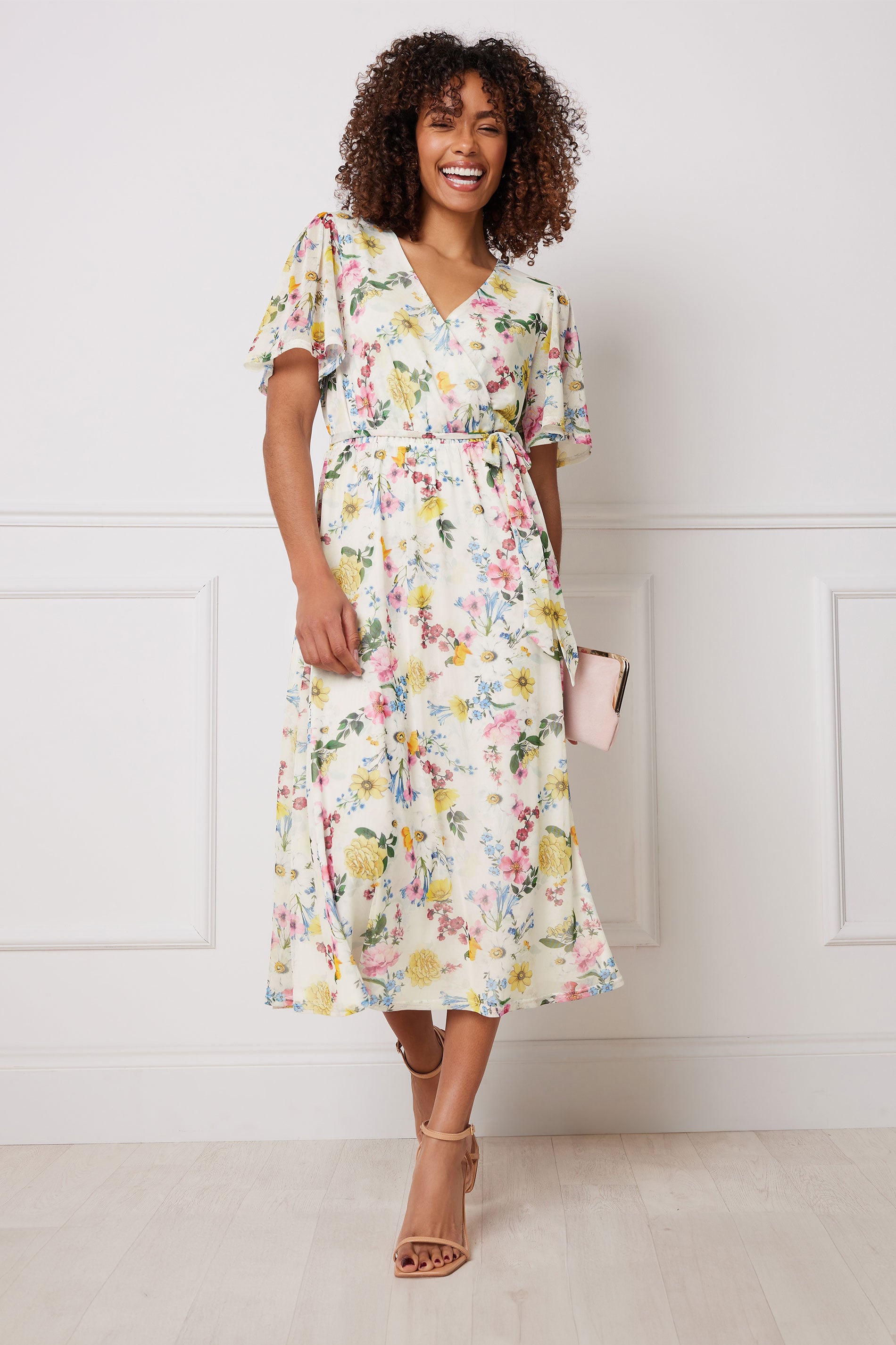 M&Co Ivory White Floral Print Wrap Midi Dress | M&Co 1