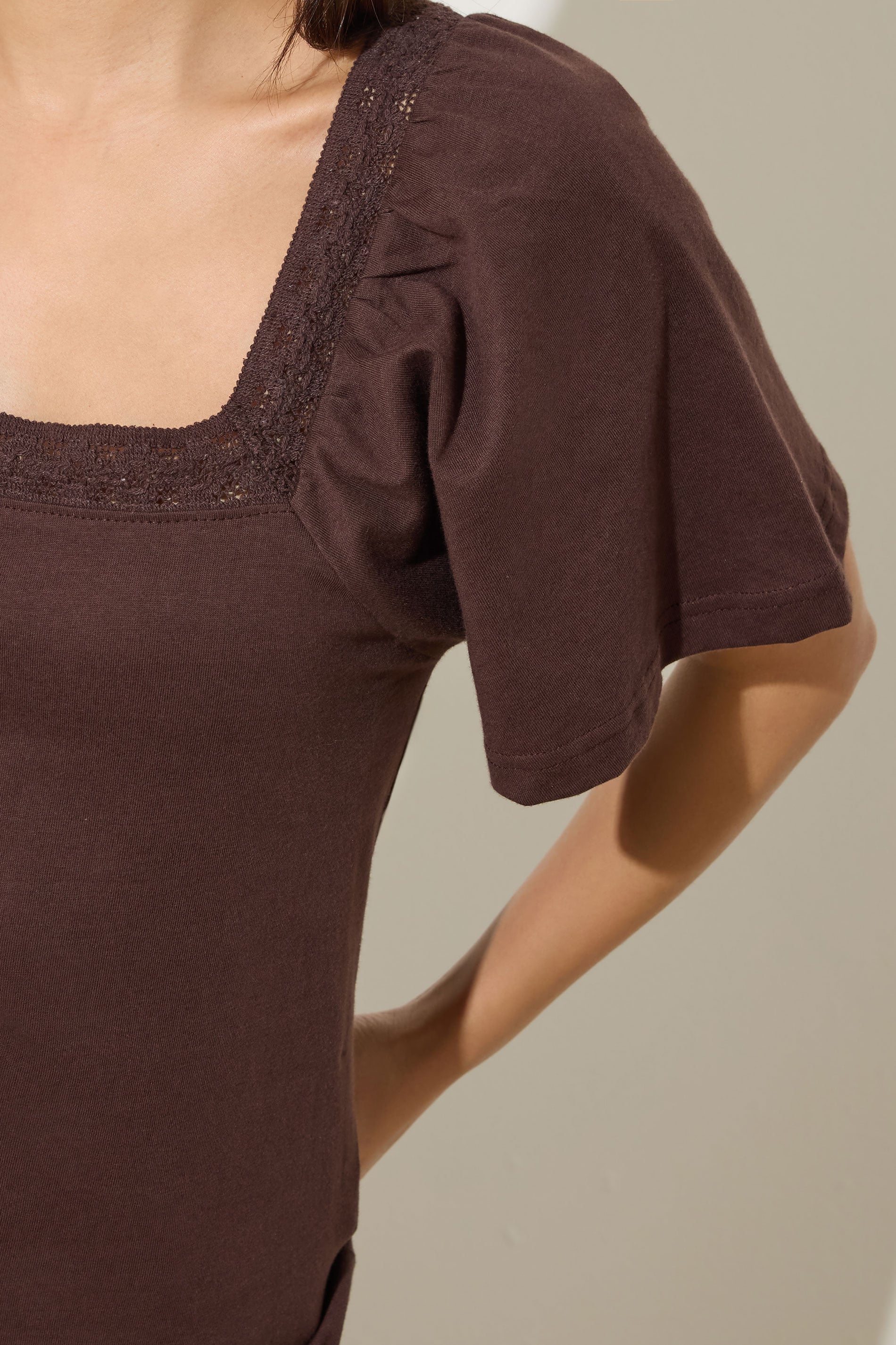 PixieGirl Petite Women's Chocolate Brown Crochet Trim Flutter Sleeve Cotton T-Shirt | PixieGirl 4