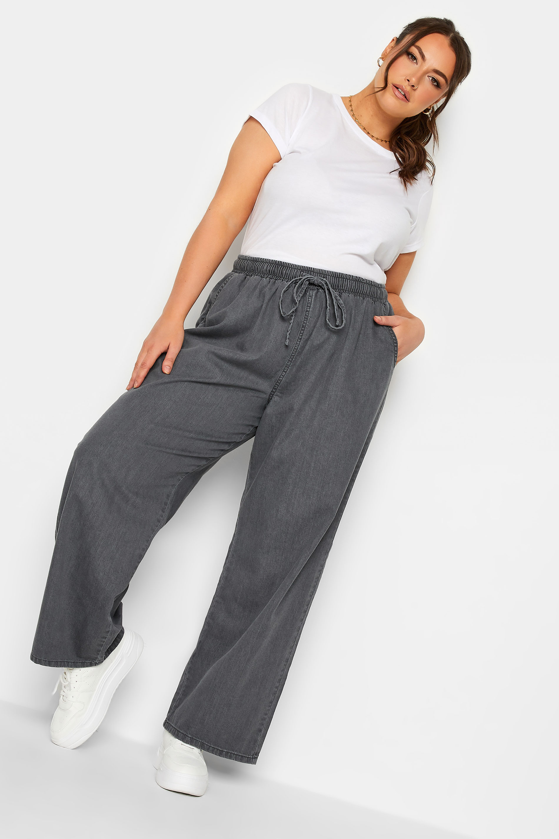 YOURS Plus Size Grey Pull On Wide Leg Jeans | Yours Clothing 2