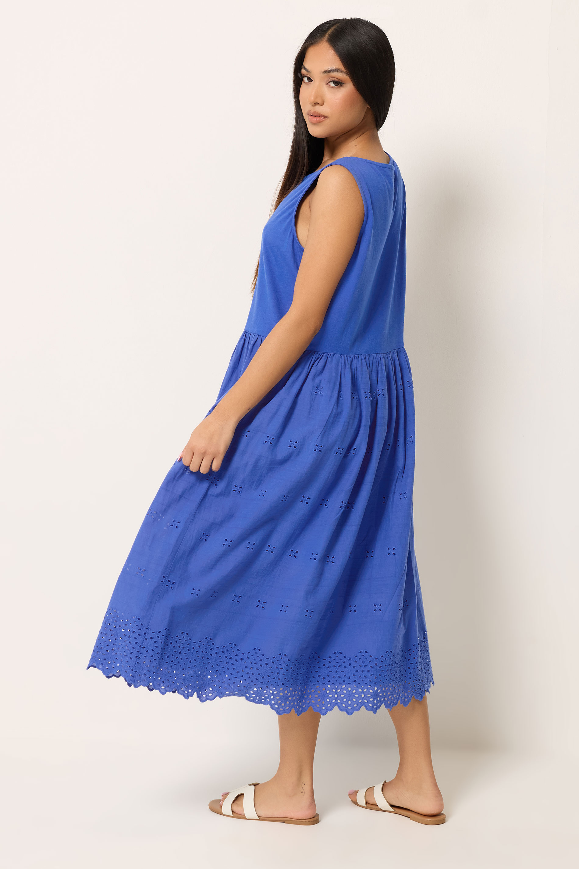 M&Co Petite Blue Broderie Cotton Midi Dress | M&Co 2