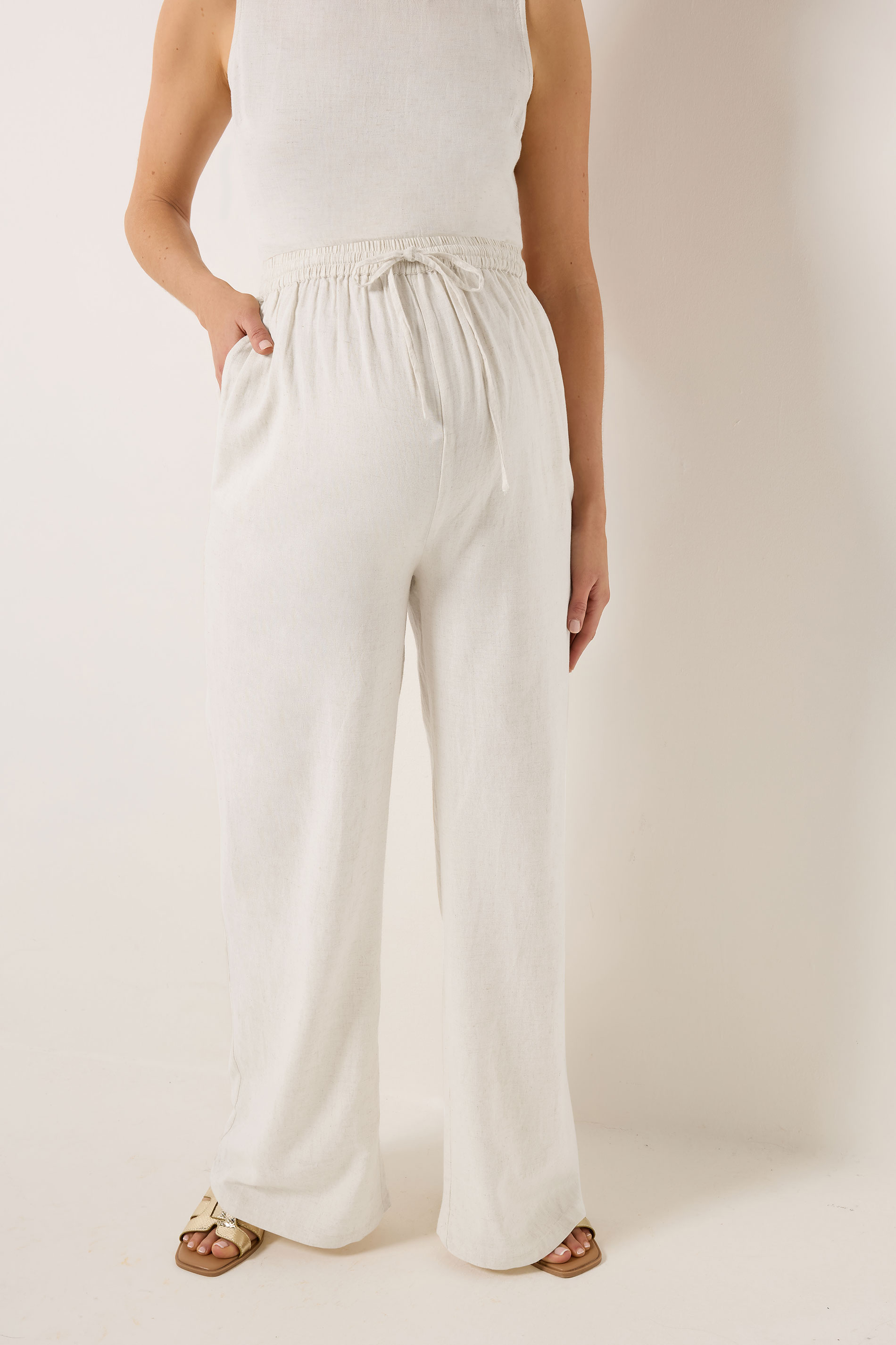 LTS Tall Women's Maternity Cream Wide Leg Linen Trousers | Long Tall Sally 1
