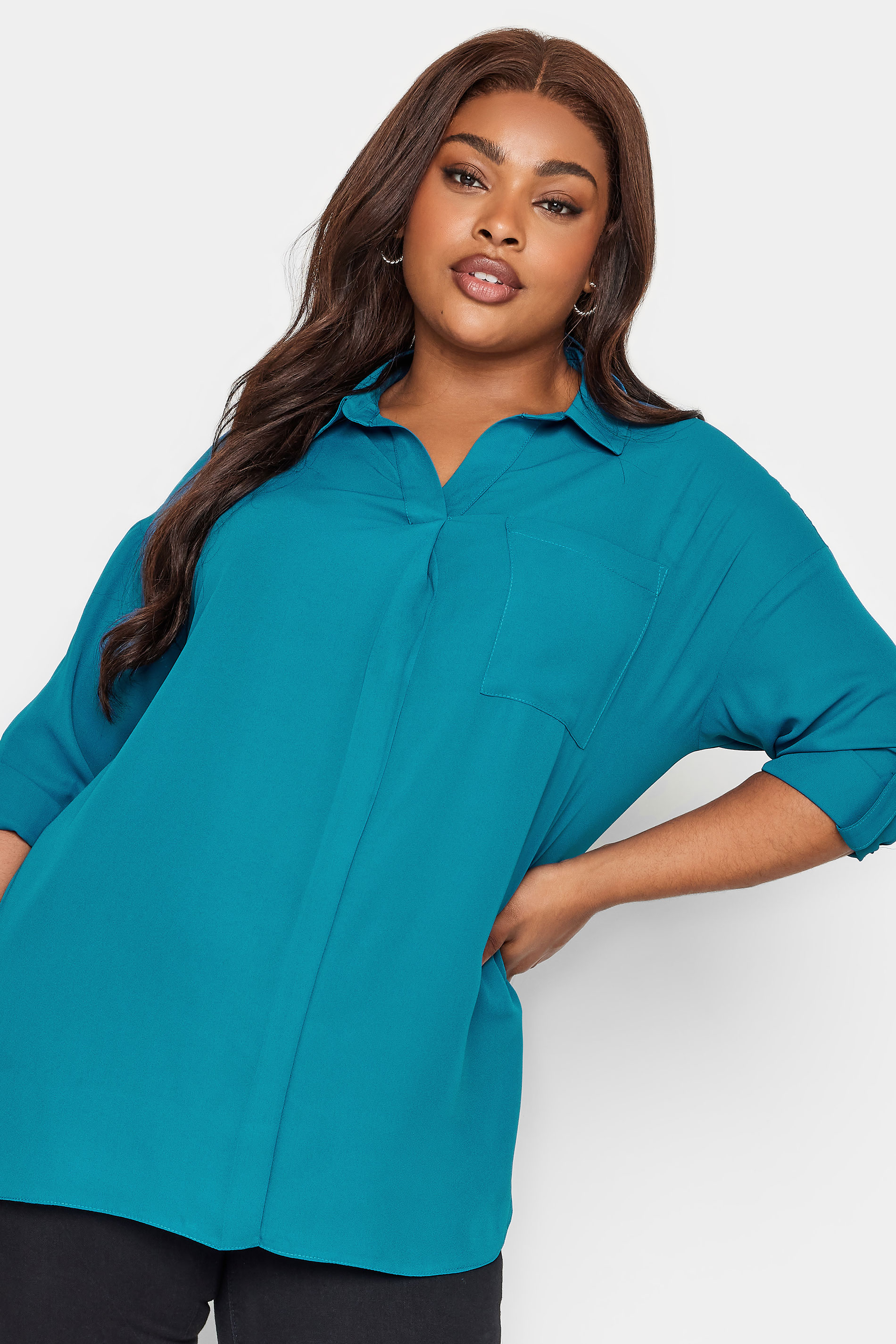 YOURS Plus Size Teal Blue Half Placket Collared Blouse | Yours Clothing 1
