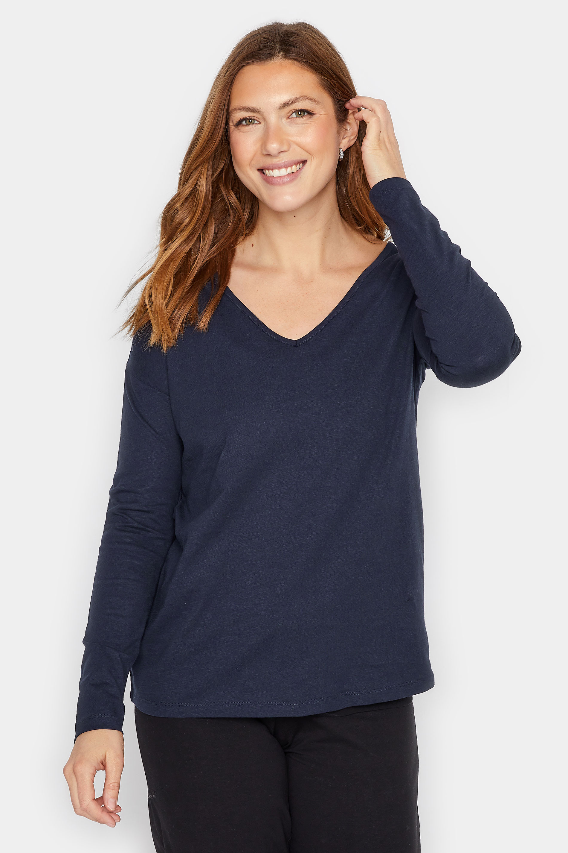 LTS Tall Blue V-Neck Long Sleeve Cotton T-Shirt | Long Tall Sally 1