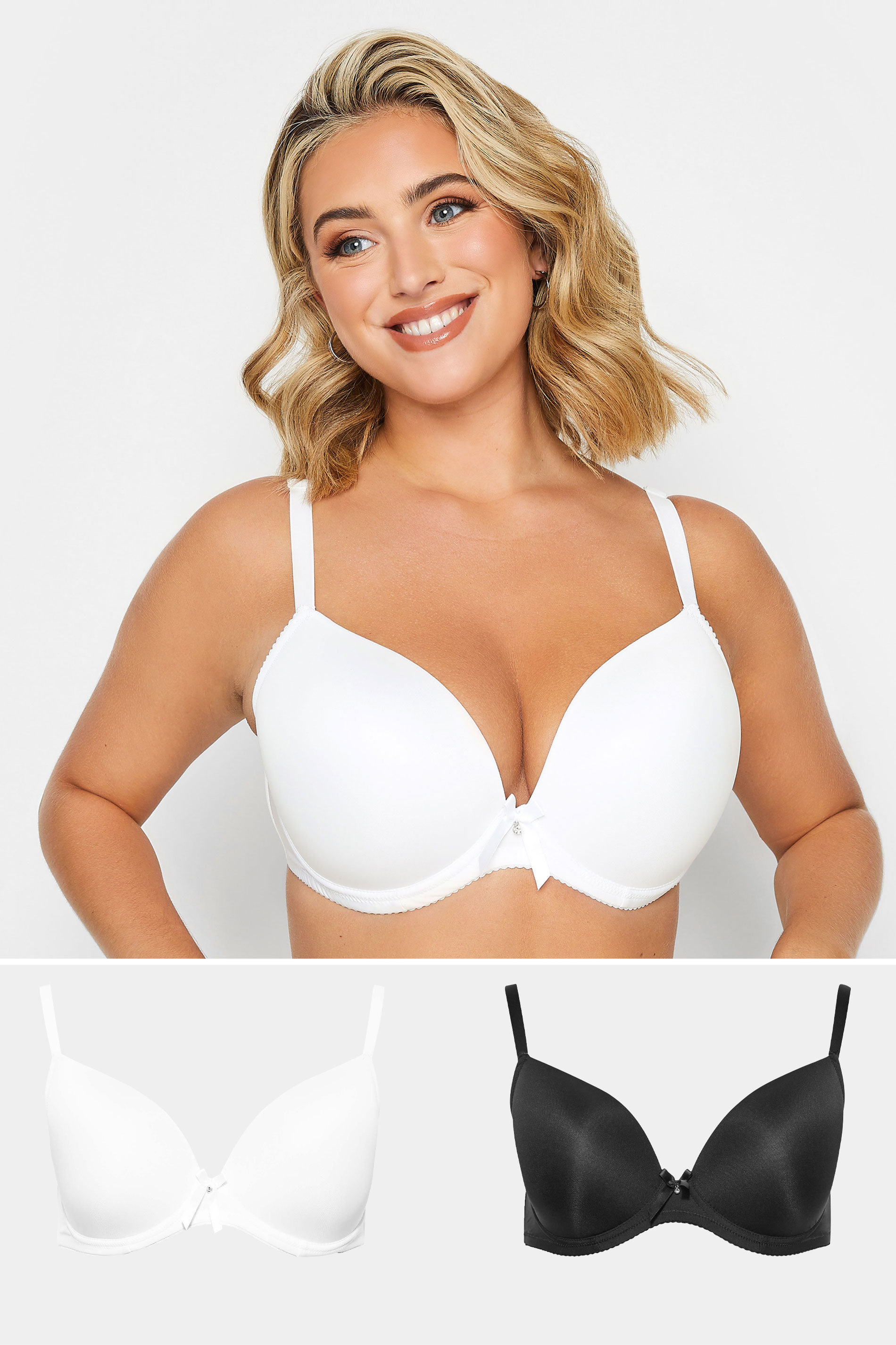 2 PACK Plus Size White & Black Plunge Microfibre Bras | Yours Clothing  1