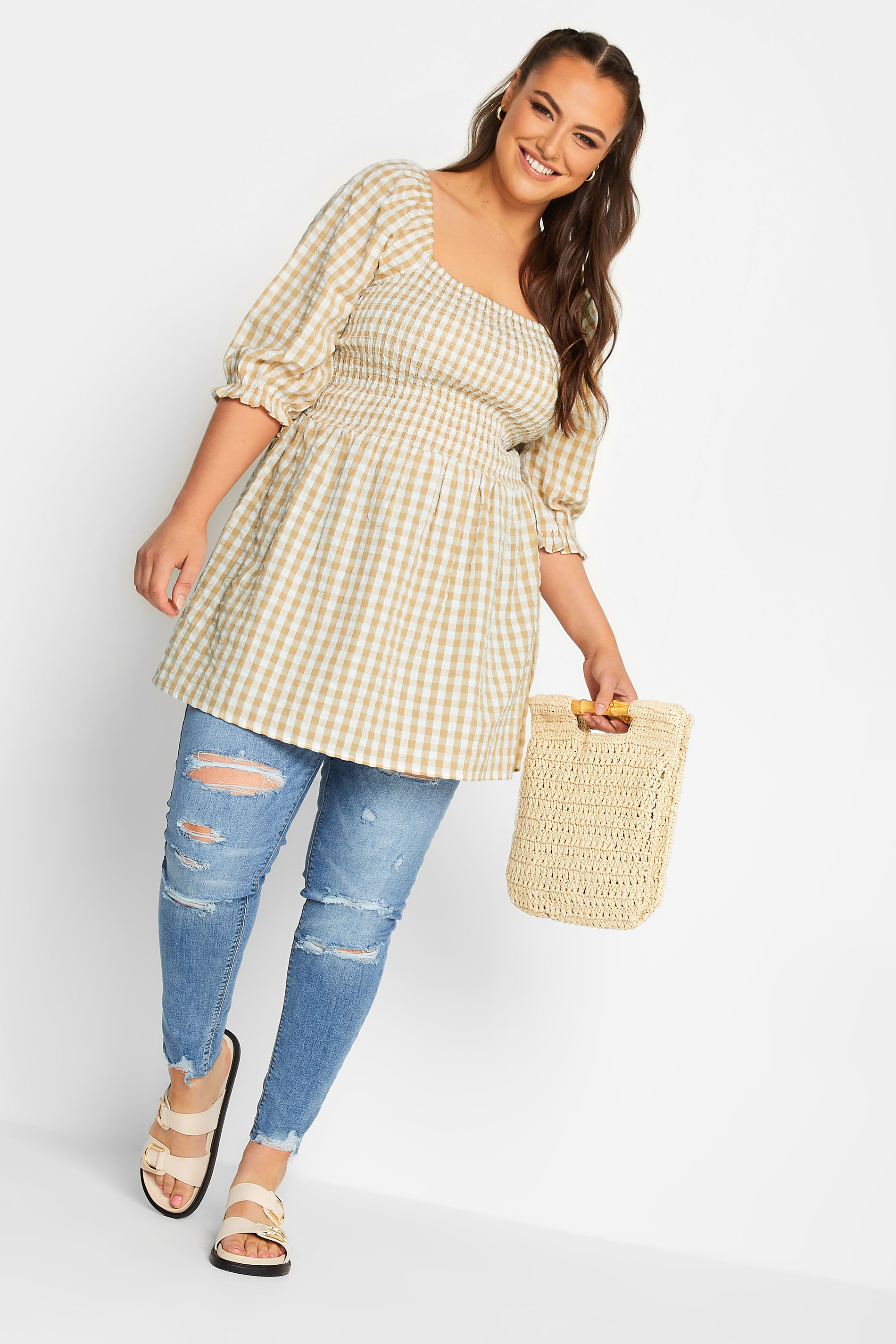 YOURS Curve Natural Brown Gingham Print Square Neck Shirred Top | Yours Clothing 2