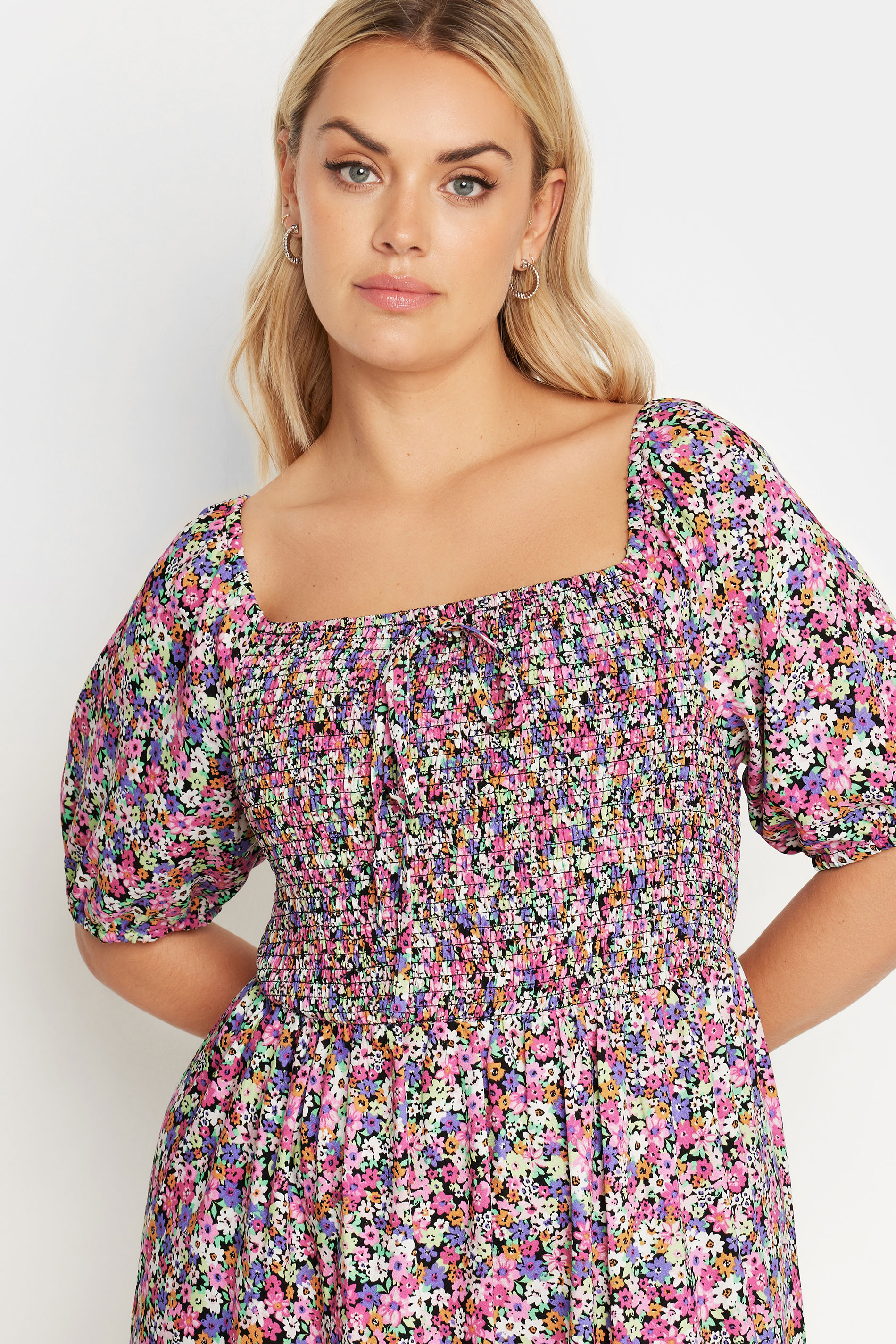 YOURS Plus Size Pink Ditsy Floral Print Shirred Maxi Dress | Yours Clothing 3