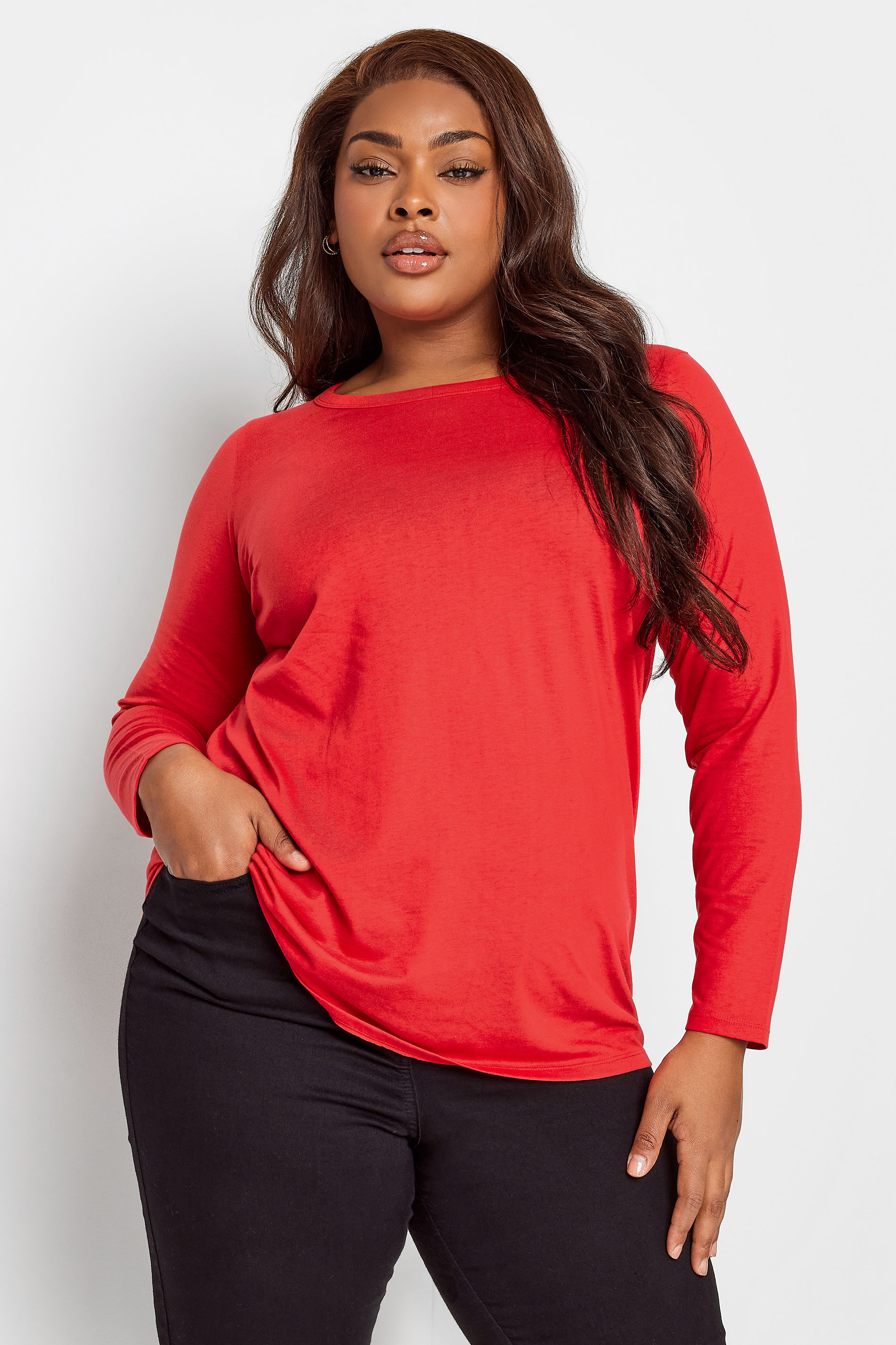 YOURS Plus Size Red Long Sleeve Essential T-Shirt | Yours Clothing 1