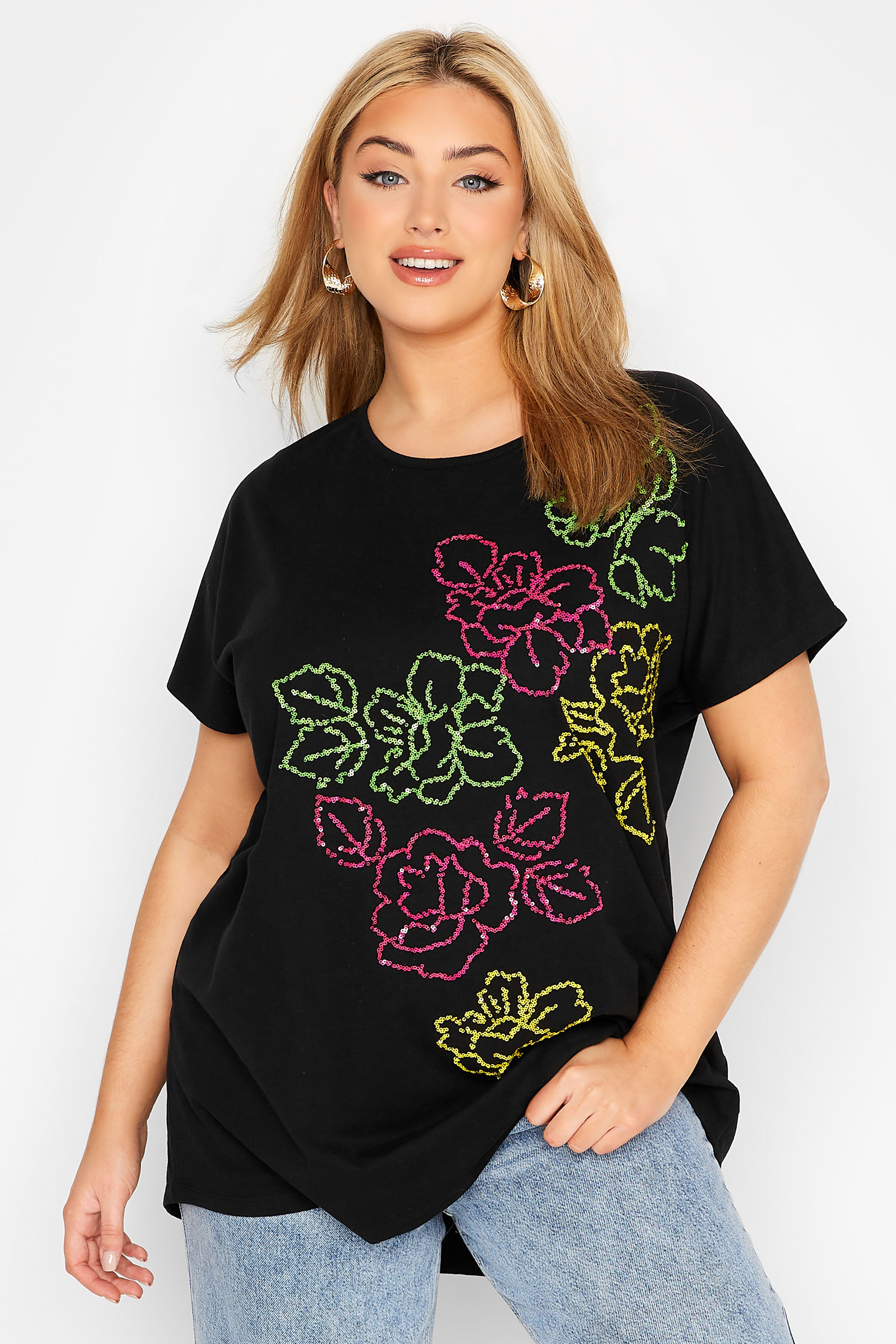 Plus Size Black Floral Sequin T-Shirt | Yours Clothing 1