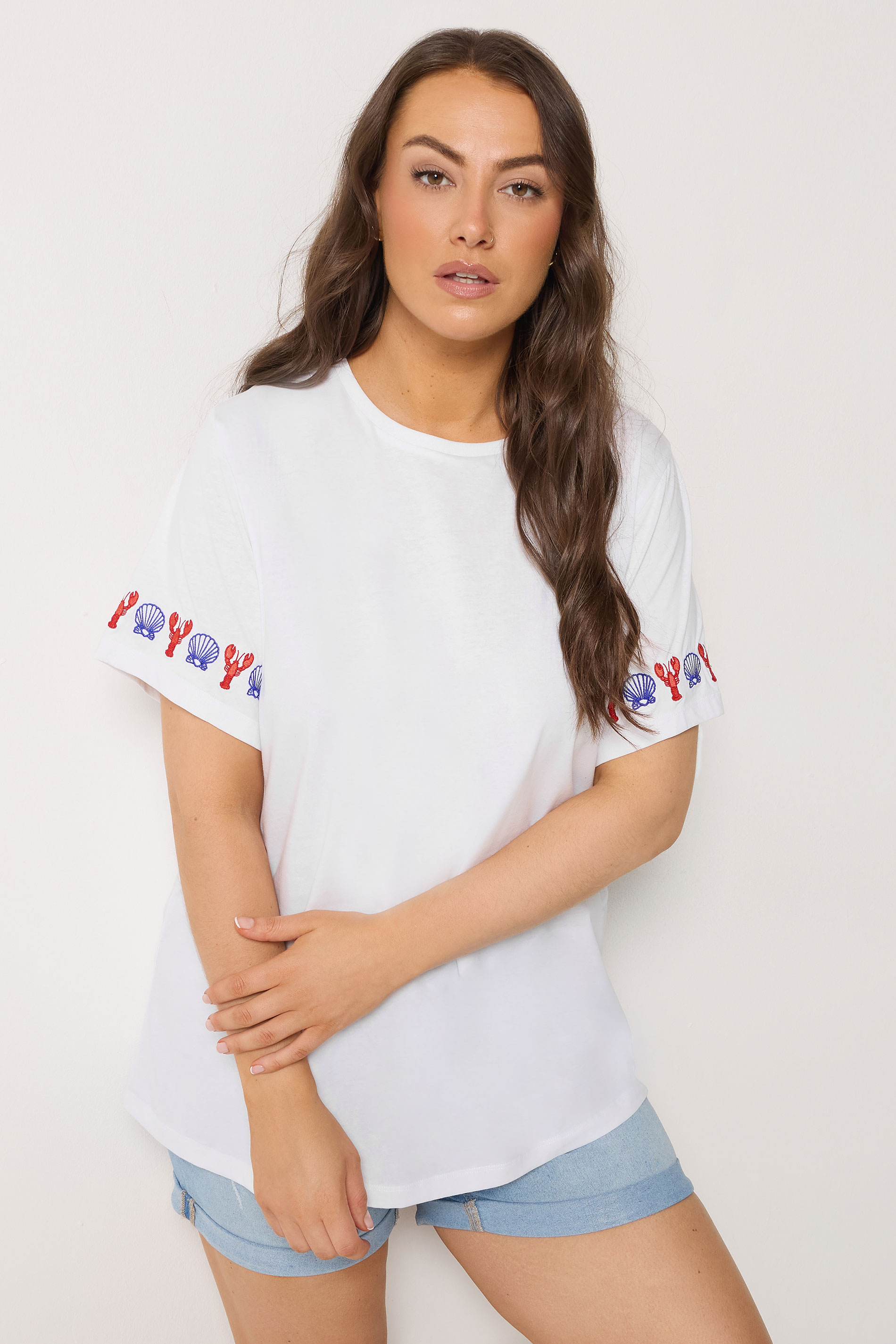 YOURS Plus Size White Embroidered Lobster Sleeve Detail T-Shirt | Yours Clothing 3