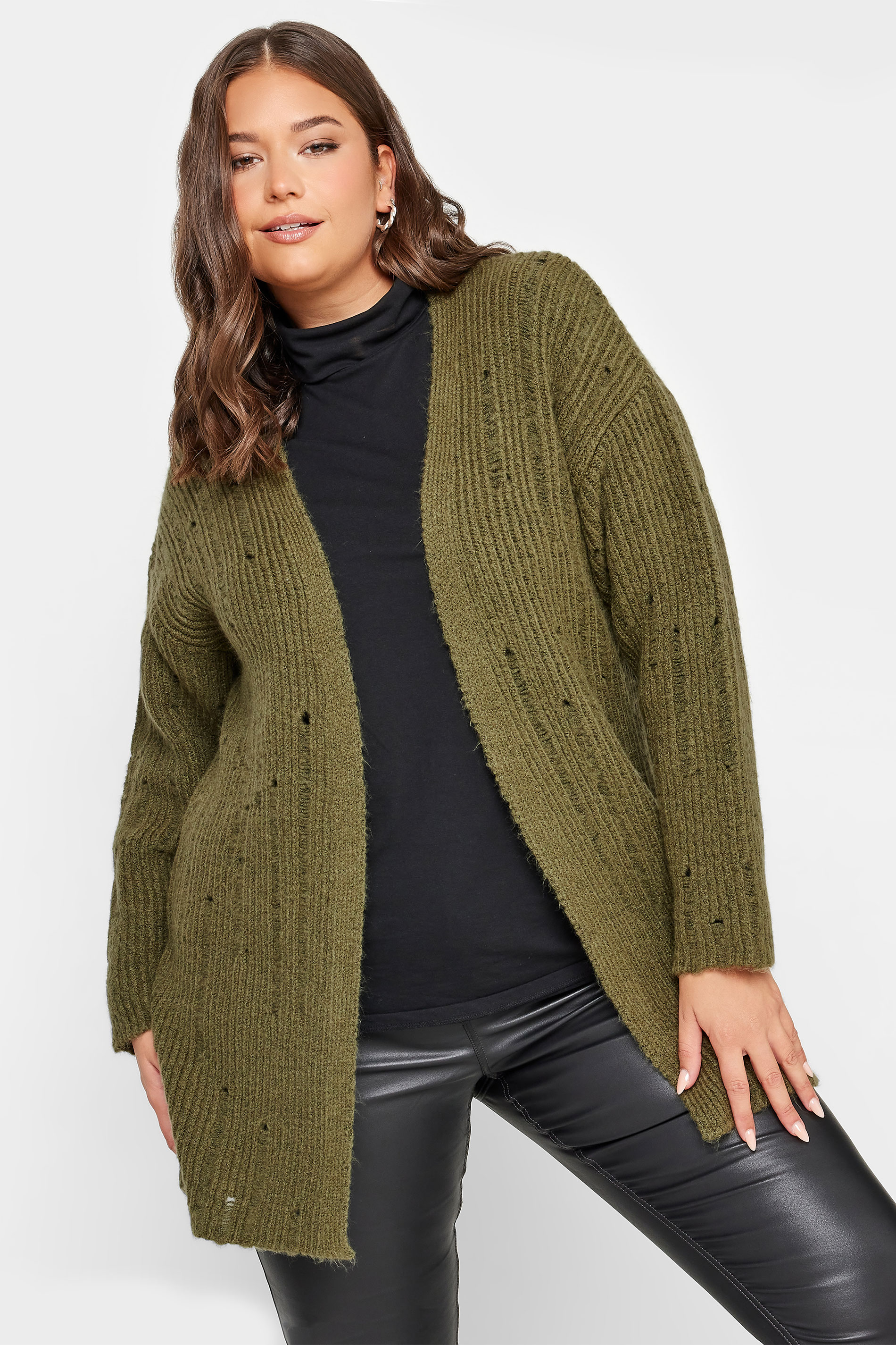 YOURS Plus Size Khaki Green Distressed Knit Cardigan | Yours Clothing 1