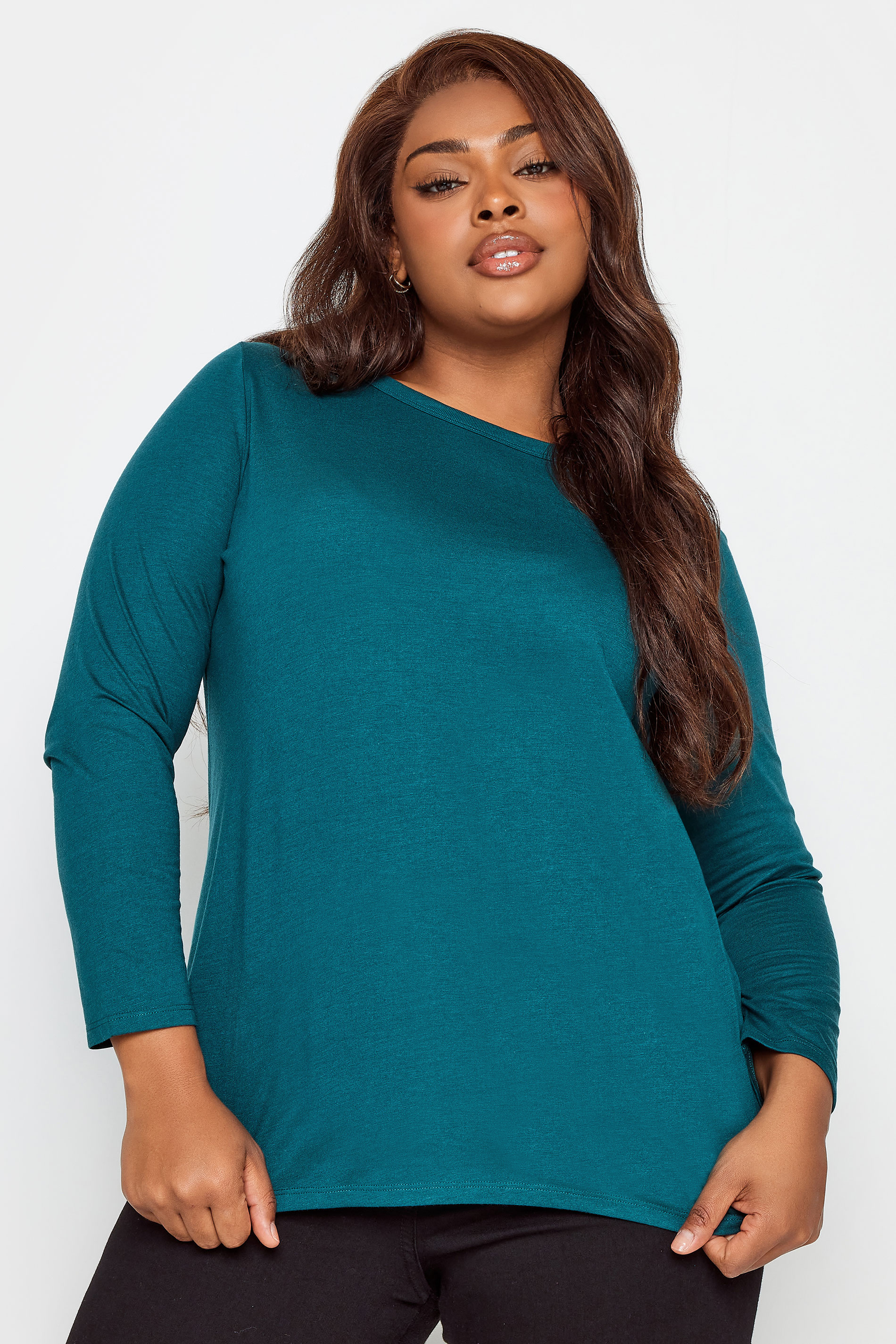 YOURS Curve Plus Size Teal Blue Long Sleeve Basic Top | Yours Clothing  1