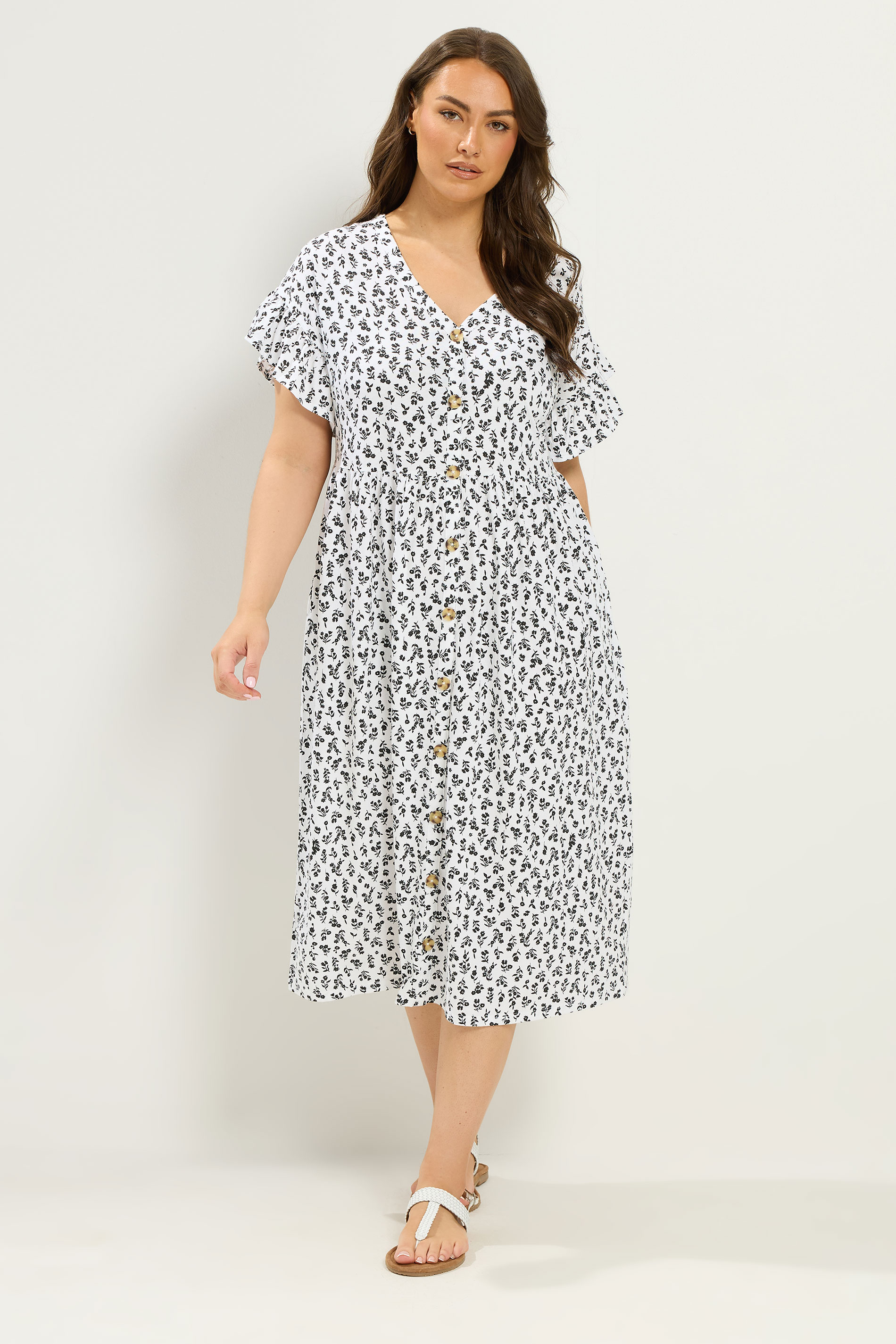 YOURS Plus Size White Floral Frill Sleeve Dress | Yours Clothing 3