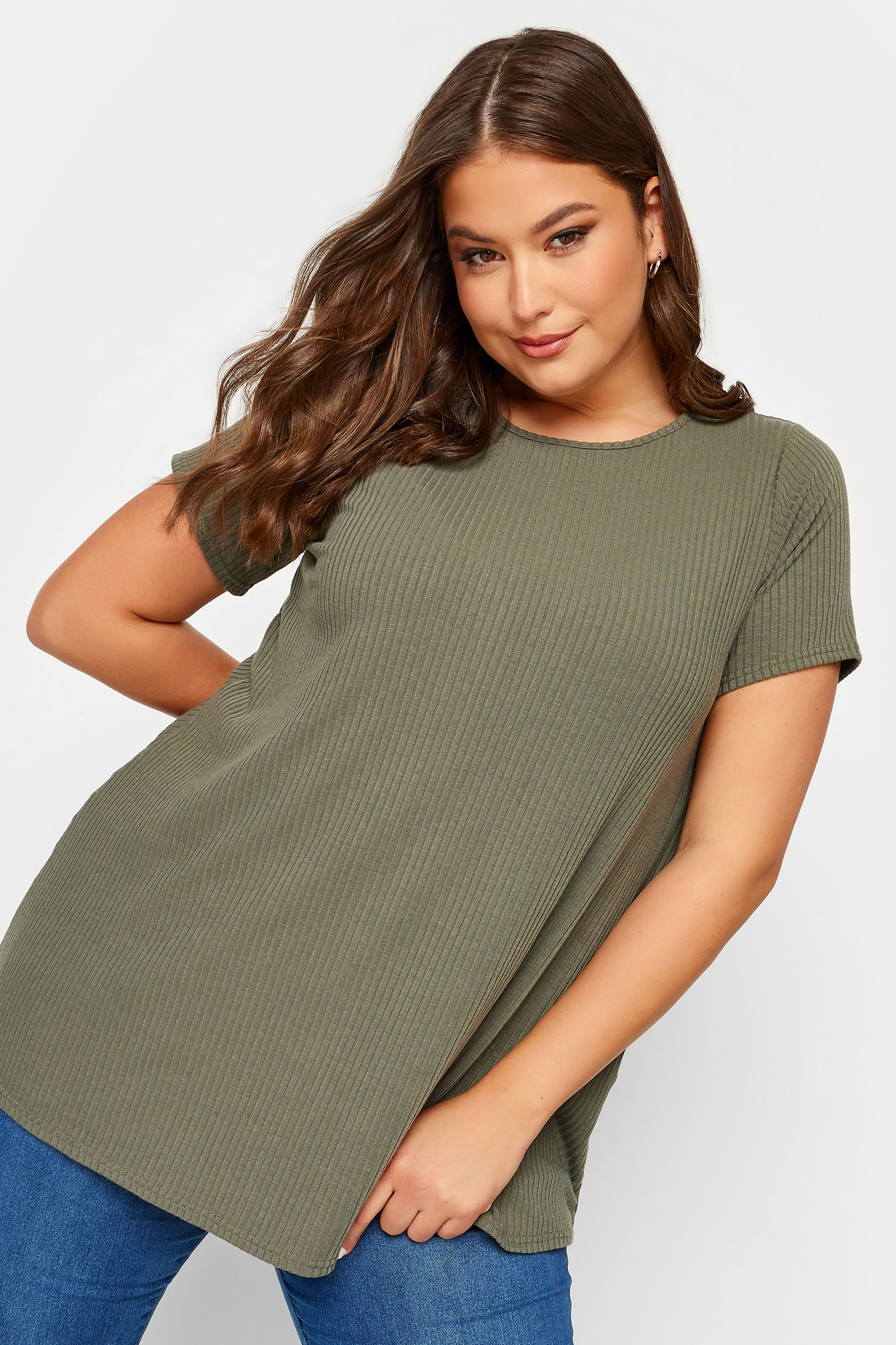 YOURS Curve Plus Size Khaki Green Ribbed Swing T-Shirt | Yours Clothing  1