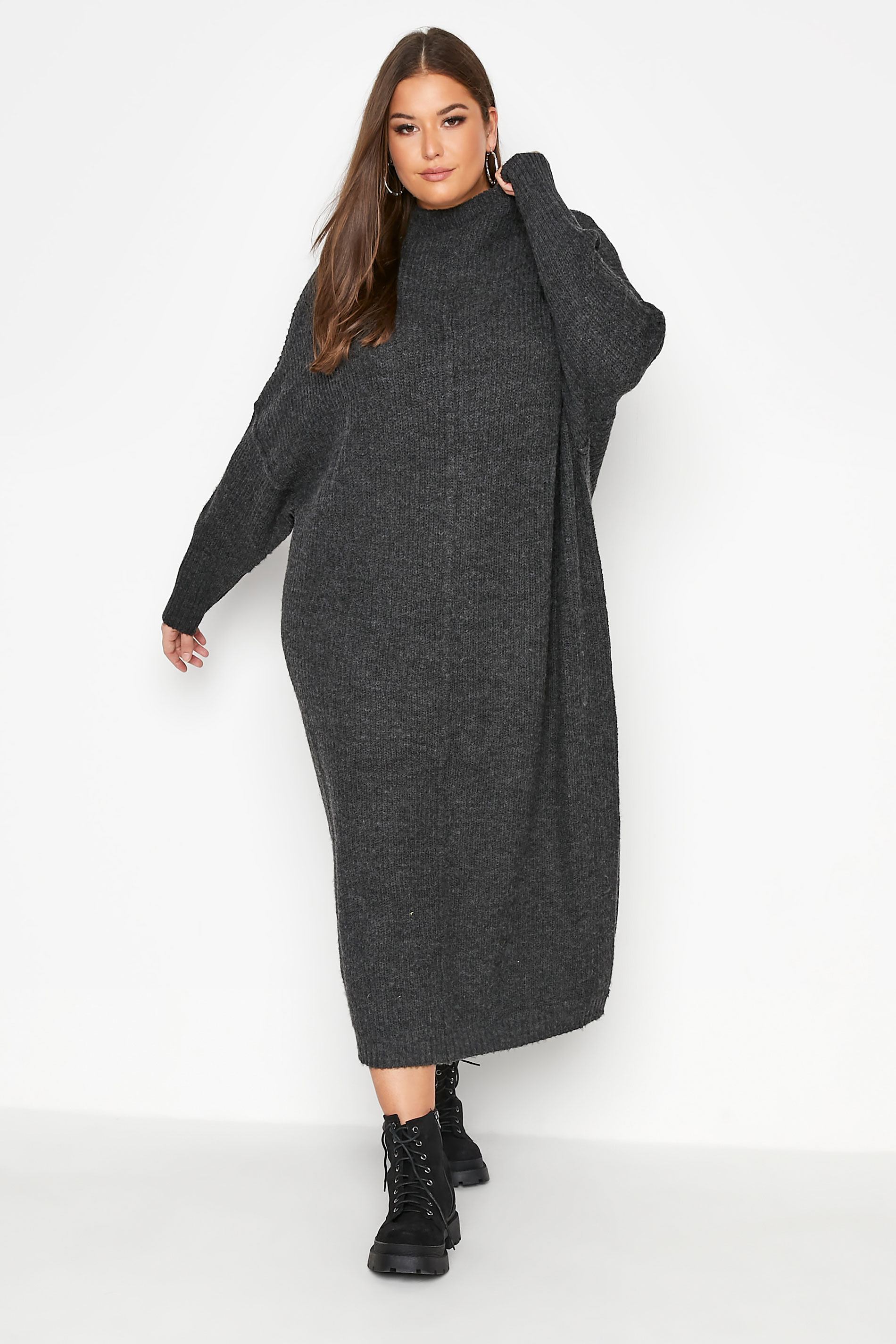 Plus Size Curve Charcoal Grey Knitted Jumper Dress | Yours Clothing 1