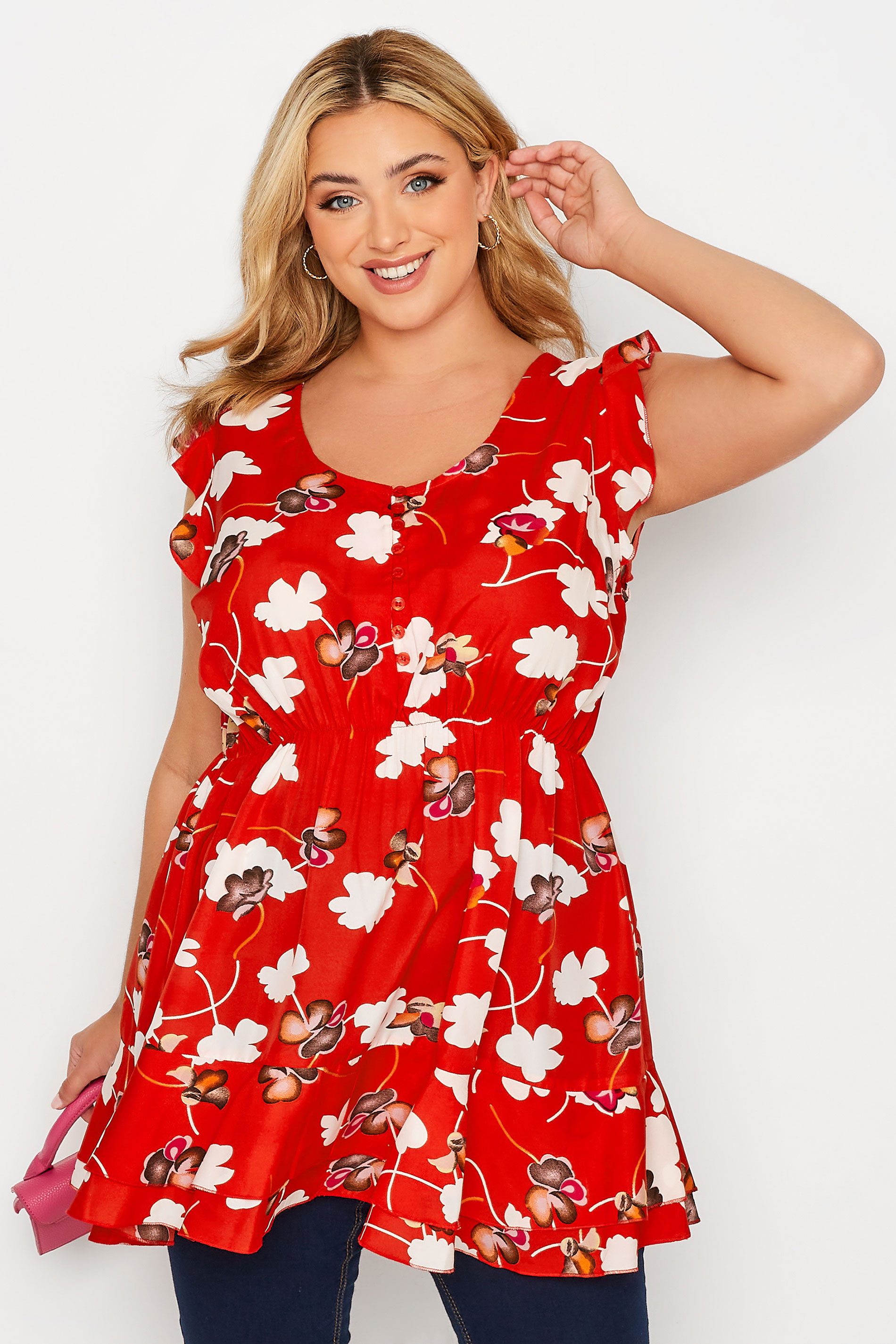 Plus Size Red Floral Print Frill Sleeve Smock Top | Yours Clothing 1