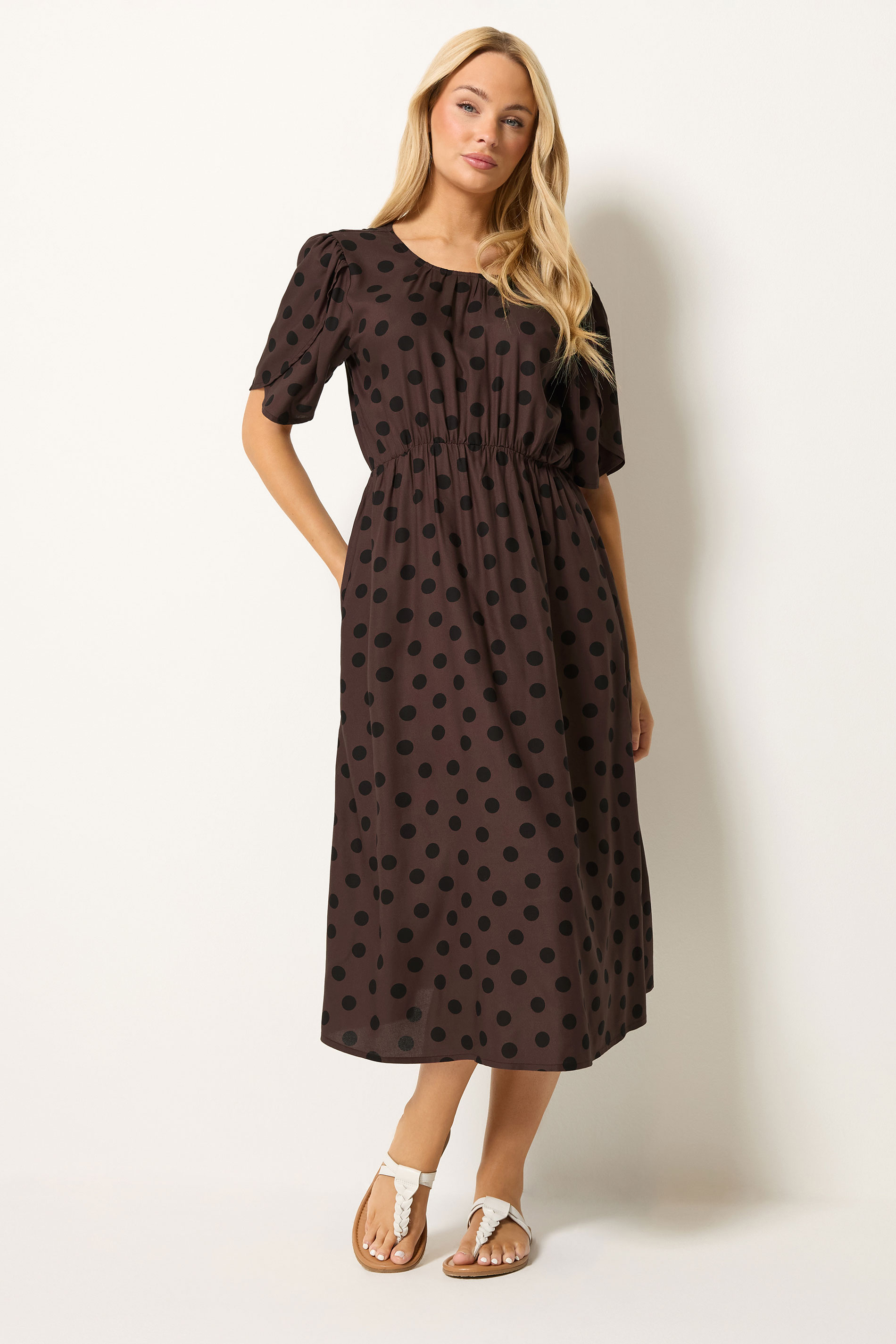 M&Co Brown Polka Dot Tulip Sleeve Dress | M&Co 1