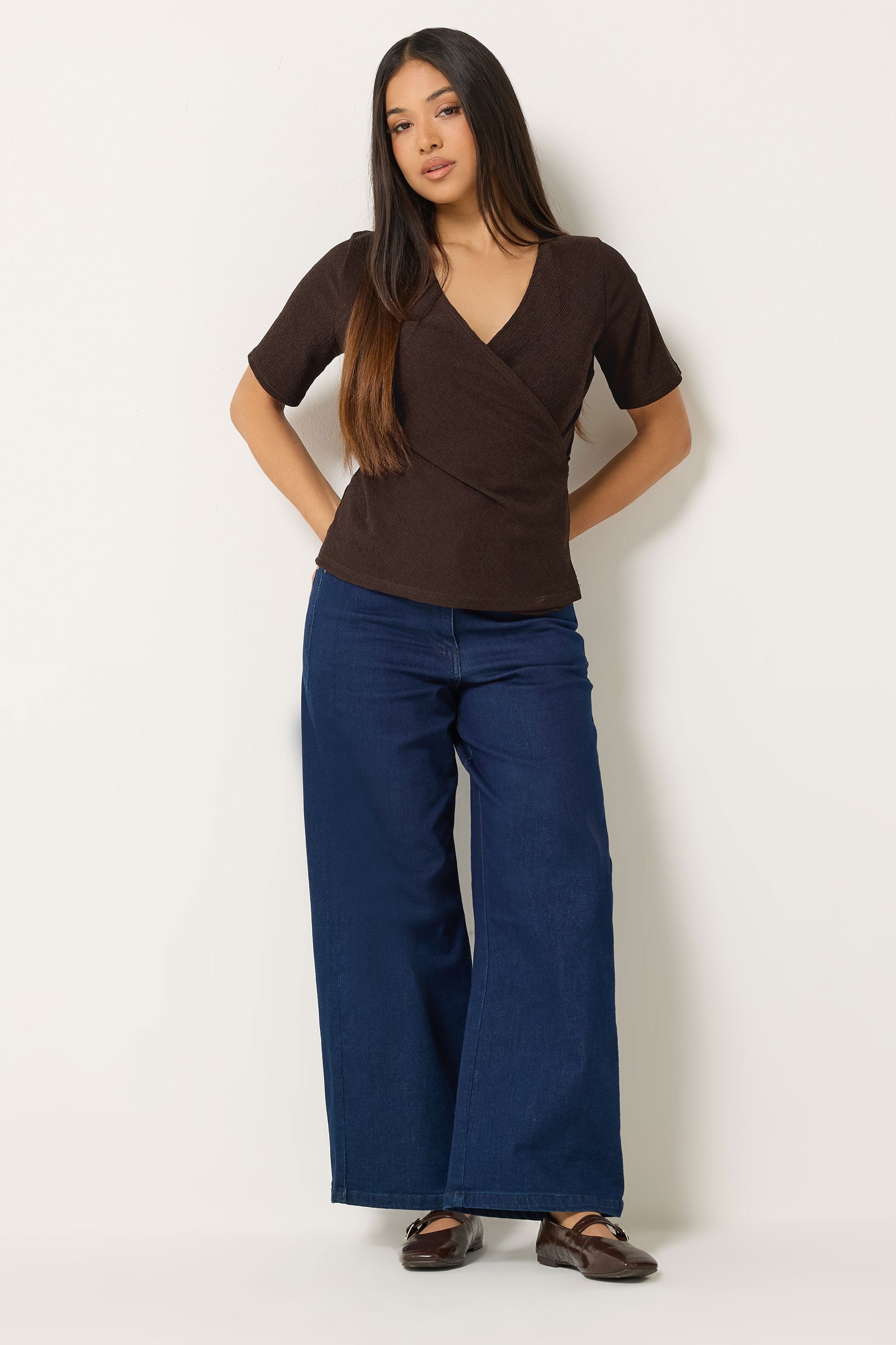 M&Co Petite Chocolate Brown Textured Wrap Top | M&Co 1