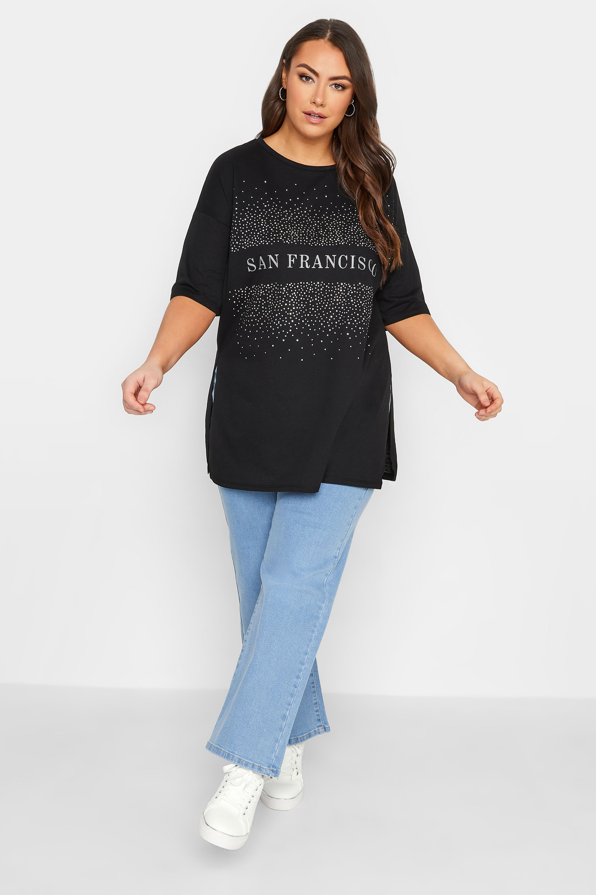 YOURS Plus Size Curve Black 'San Francisco' Slogan Sequin T-Shirt | Yours Clothing 2