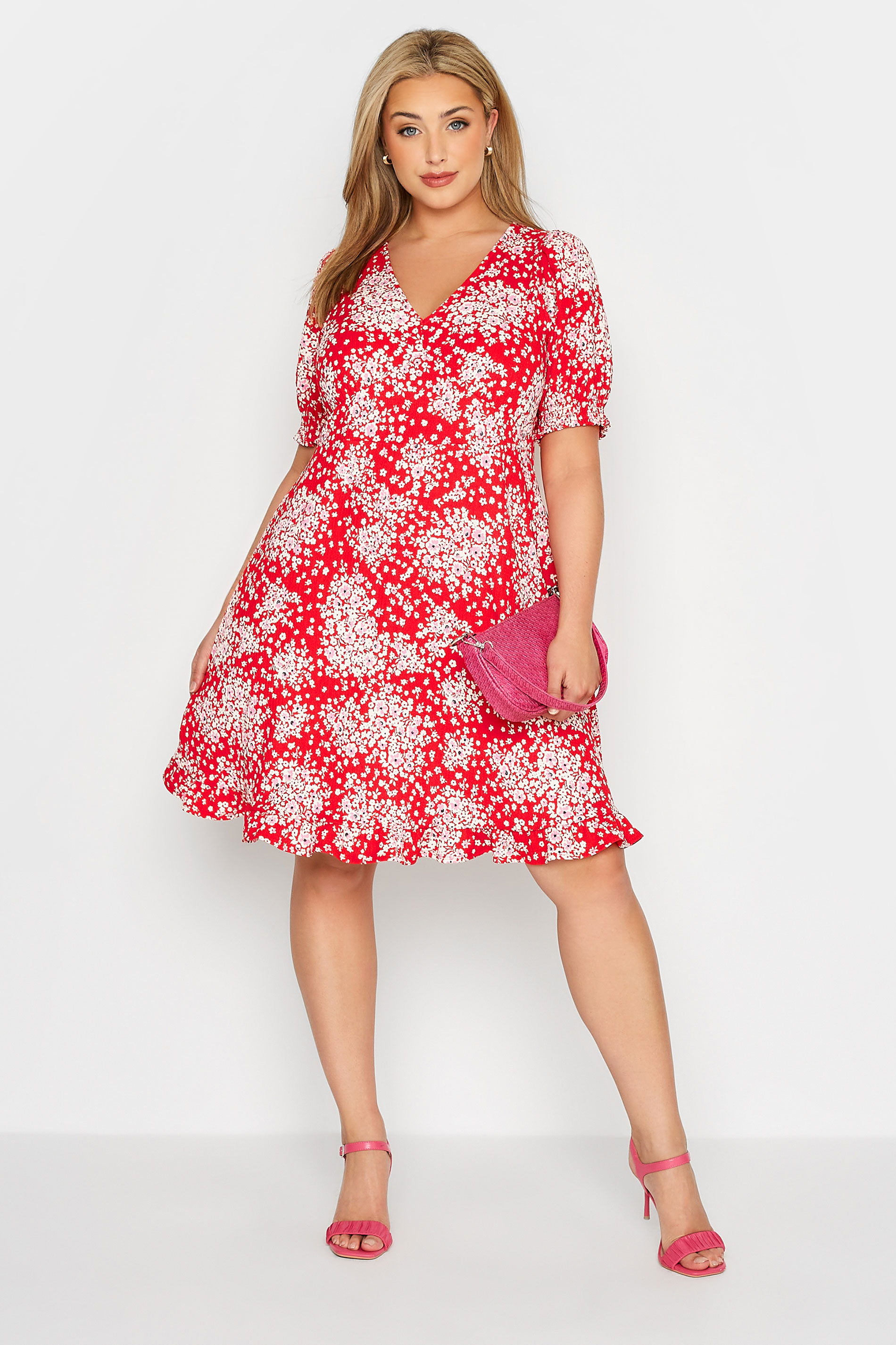 Robes Grande Taille Grande taille  Robes de jour, Tea Dress | YOURS LONDON - Tea Dress Rouge Design Floral Volantée - RZ89672
