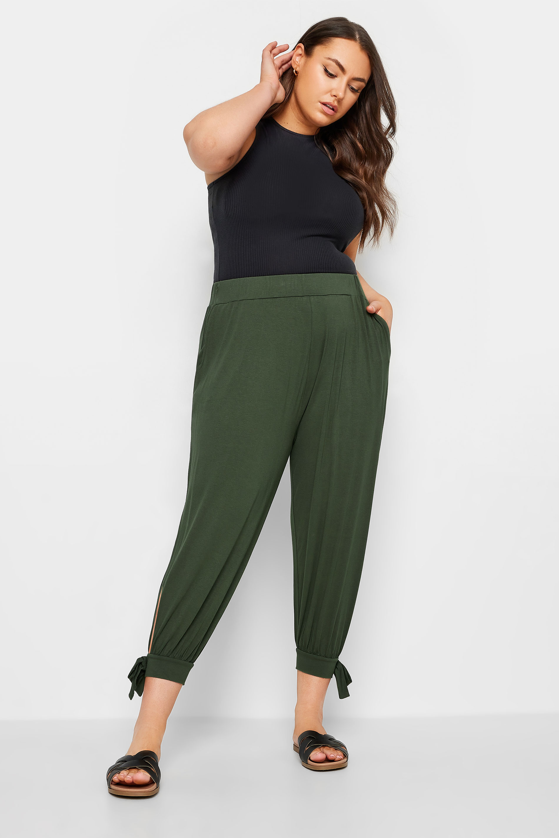 YOURS Plus Size Khaki Green Cropped Tie Detail Harem Trousers | Yours Clothing 3