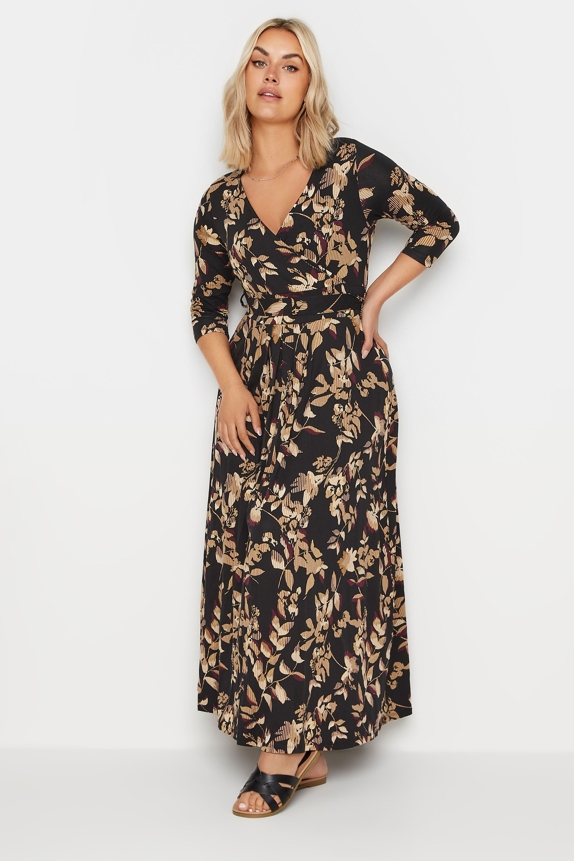 YOURS Plus Size Black Leaf Print Maxi Wrap Dress | Yours Clothing 2