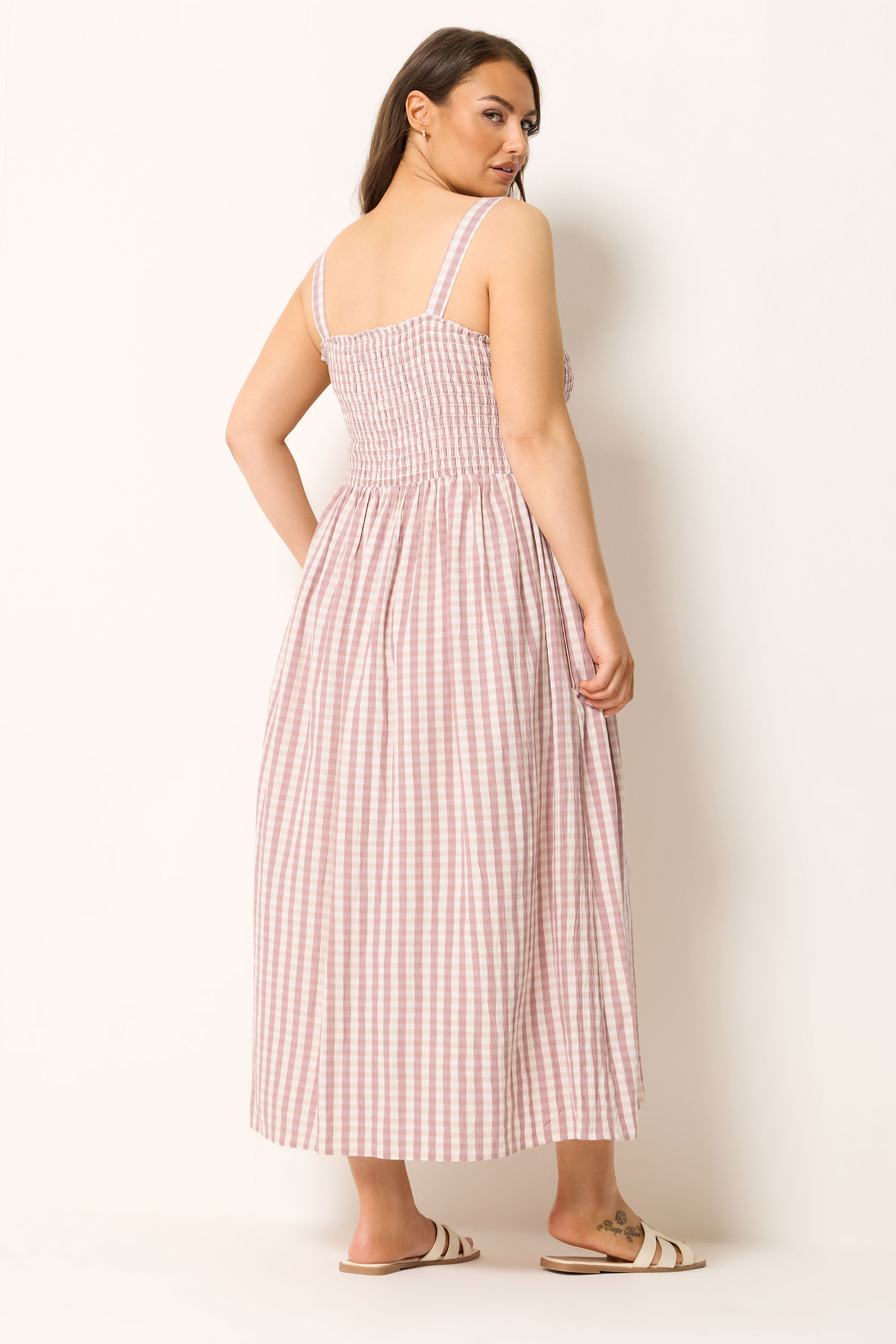 YOURS Plus Size Pink Gingham Shirred Sundress | Yours Clothing 2