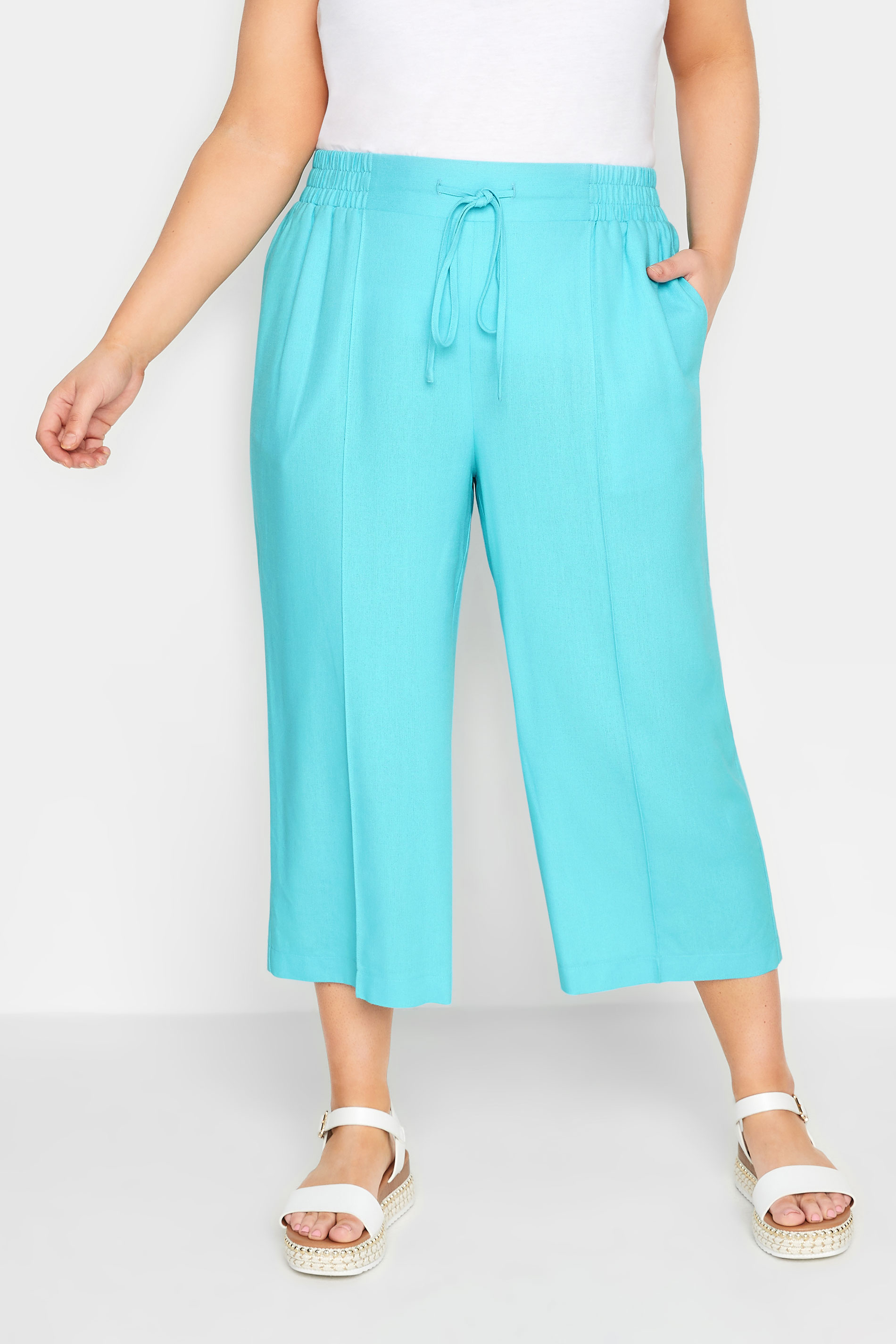 YOURS Plus Size Aqua Blue Linen Culottes | Yours Clothing 1