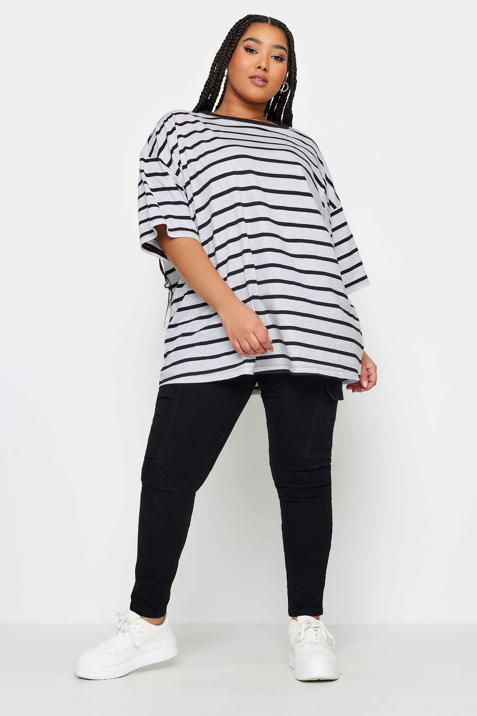 YOURS Plus Size Light Grey Stripe Oversized Boxy T-Shirt | Yours Clothing 2