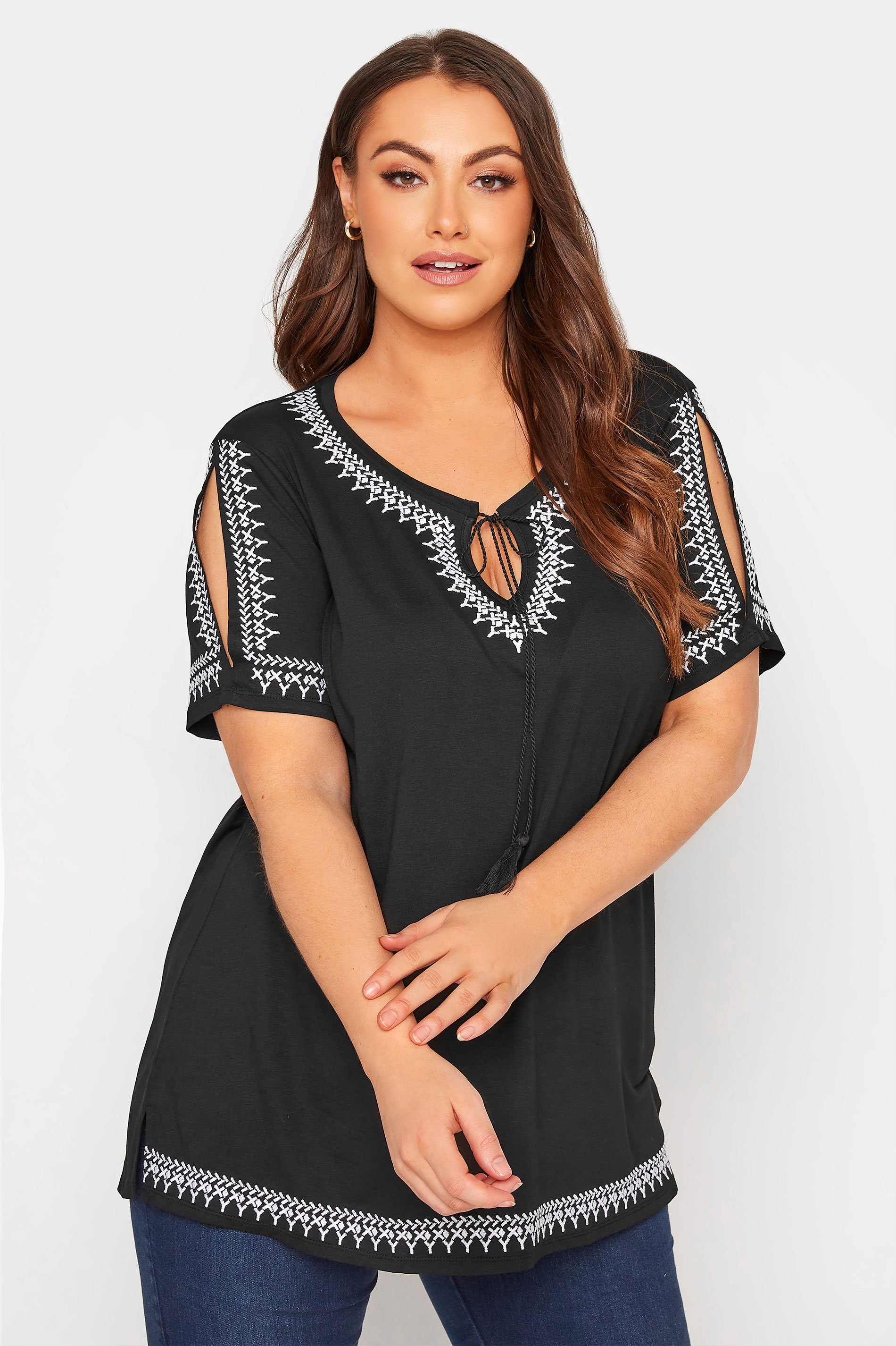 Plus Size Black Aztec Embroidered Cold Shoulder Top | Yours Clothing 1
