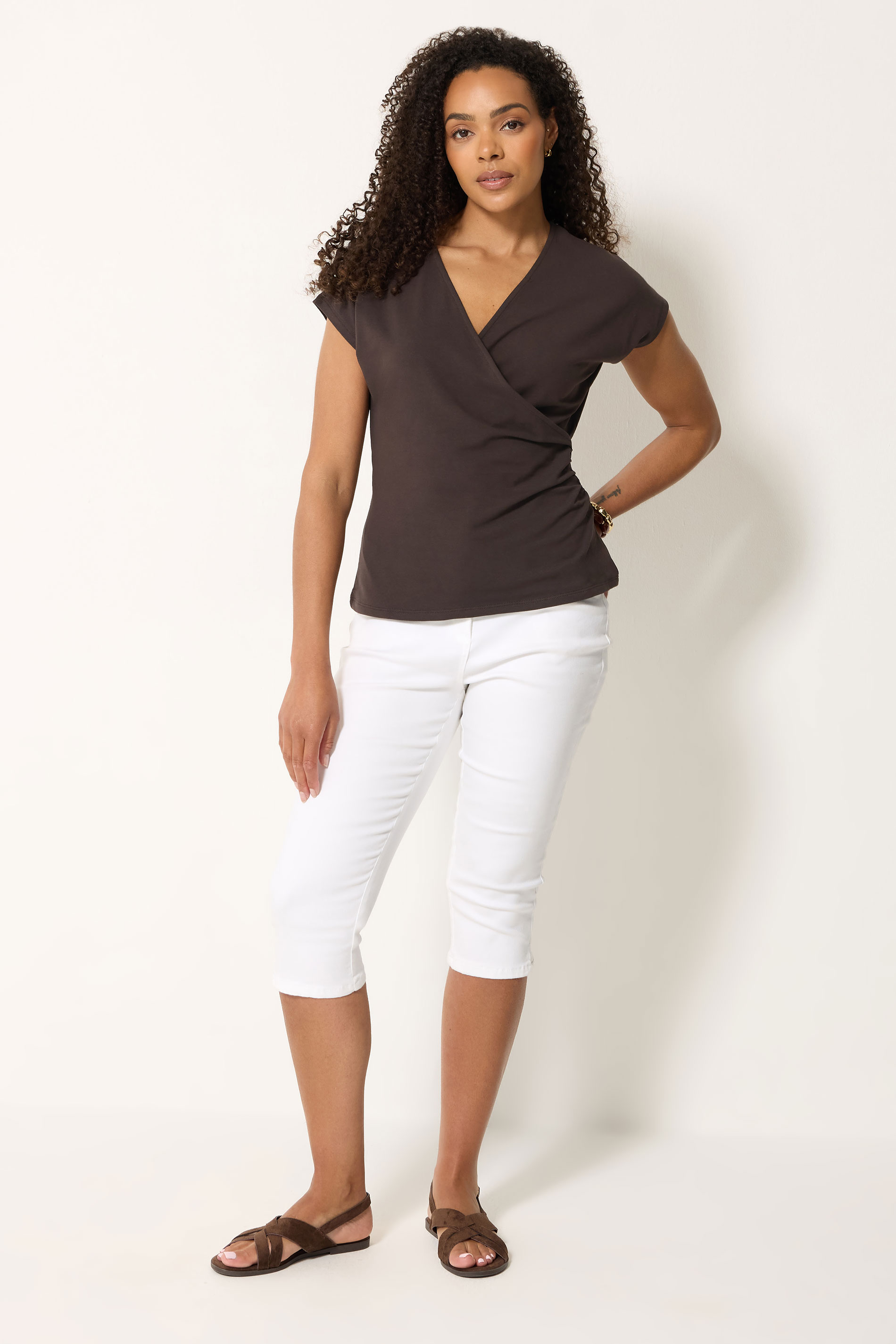 M&Co Chocolate Brown Grown-on Sleeve Cotton Wrap Top | M&Co 3