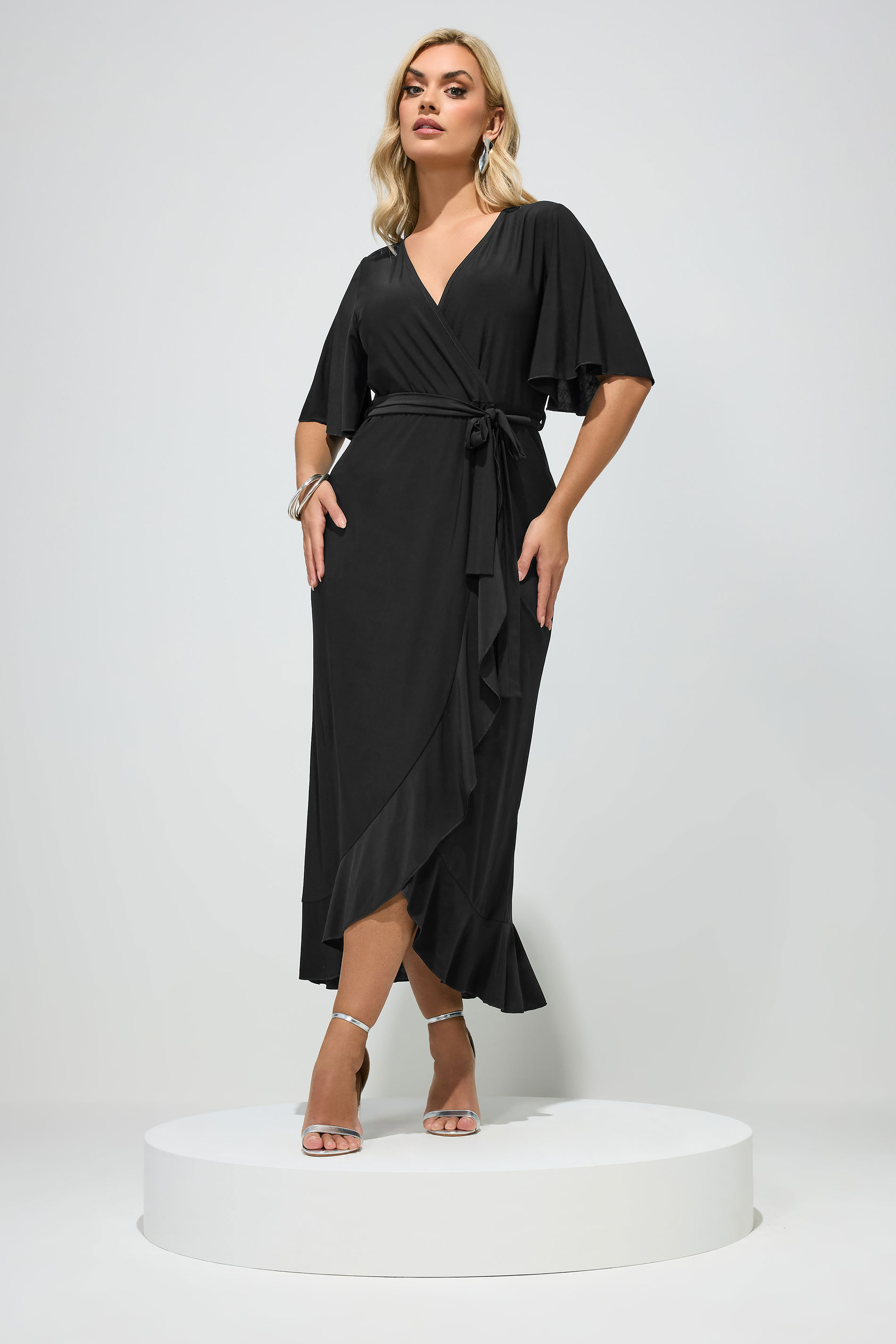 YOURS LONDON Plus Size Black Ruffle Hem Wrap Dress | Yours Clothing 1