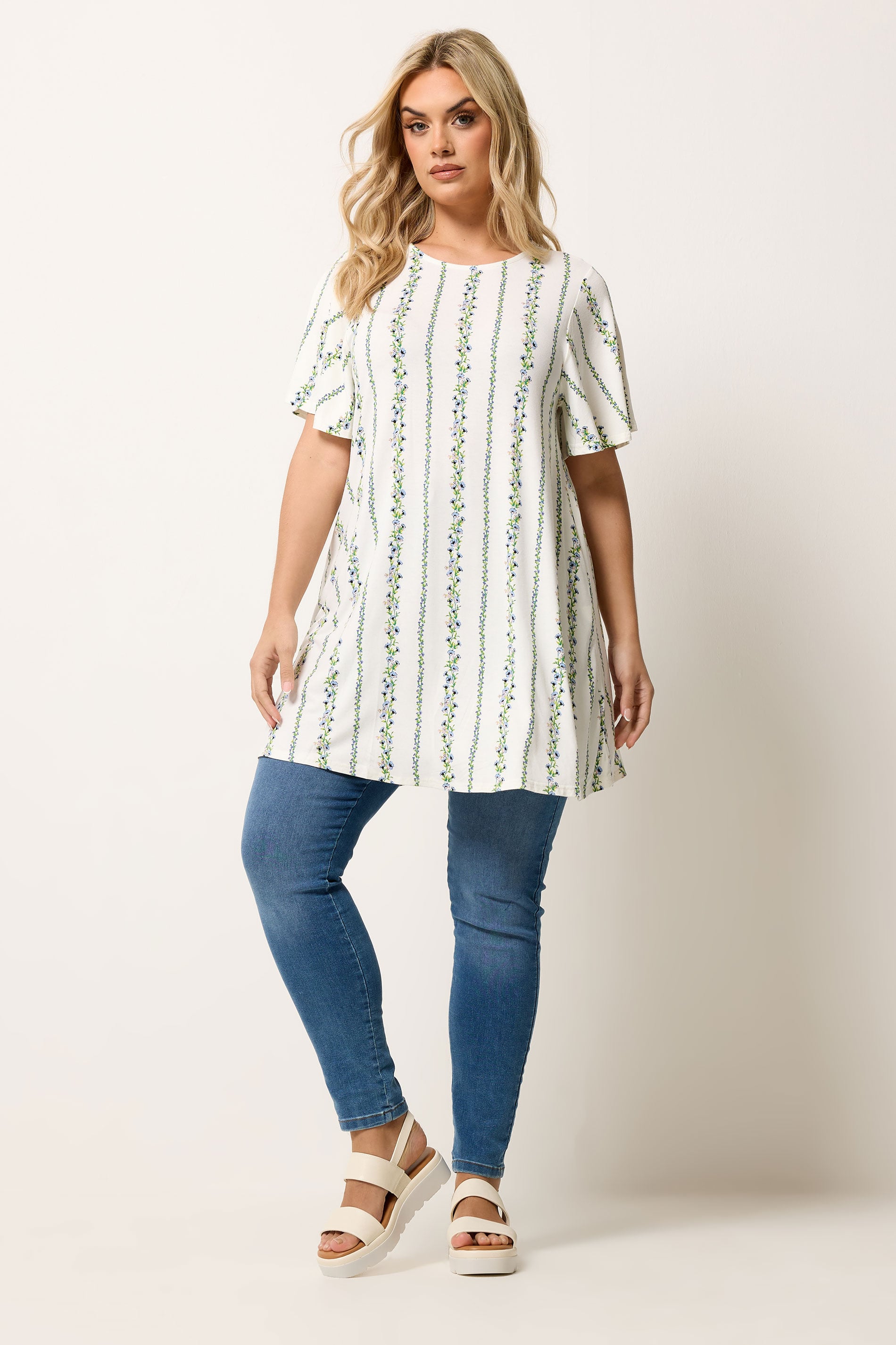 YOURS Plus Size White Floral Stripe Tunic Top | Yours Clothing 1