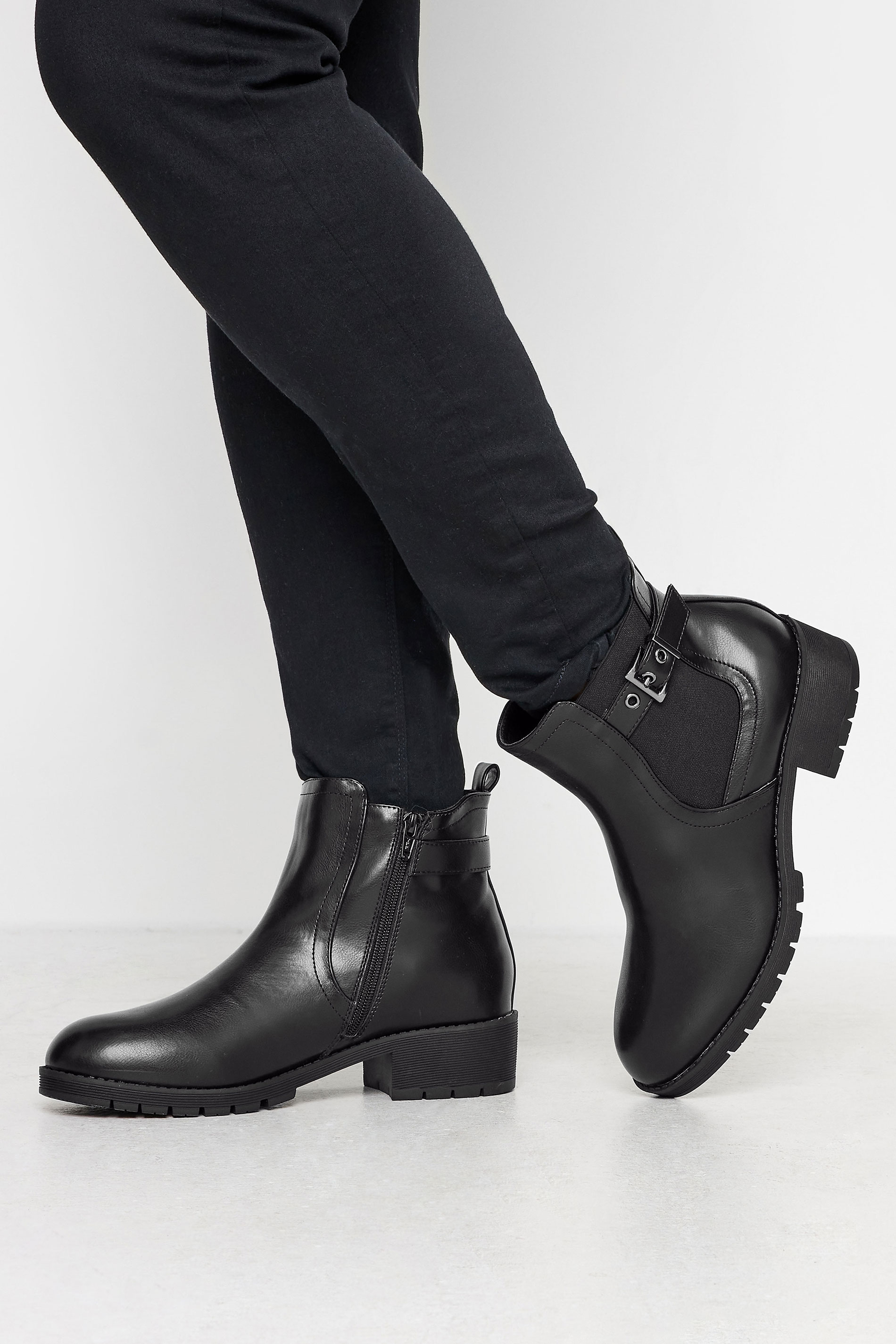 Black Faux Leather Buckle Ankle Boots In Wide E Fit & Extra Wide EEE Fit | Yours Clothing 1