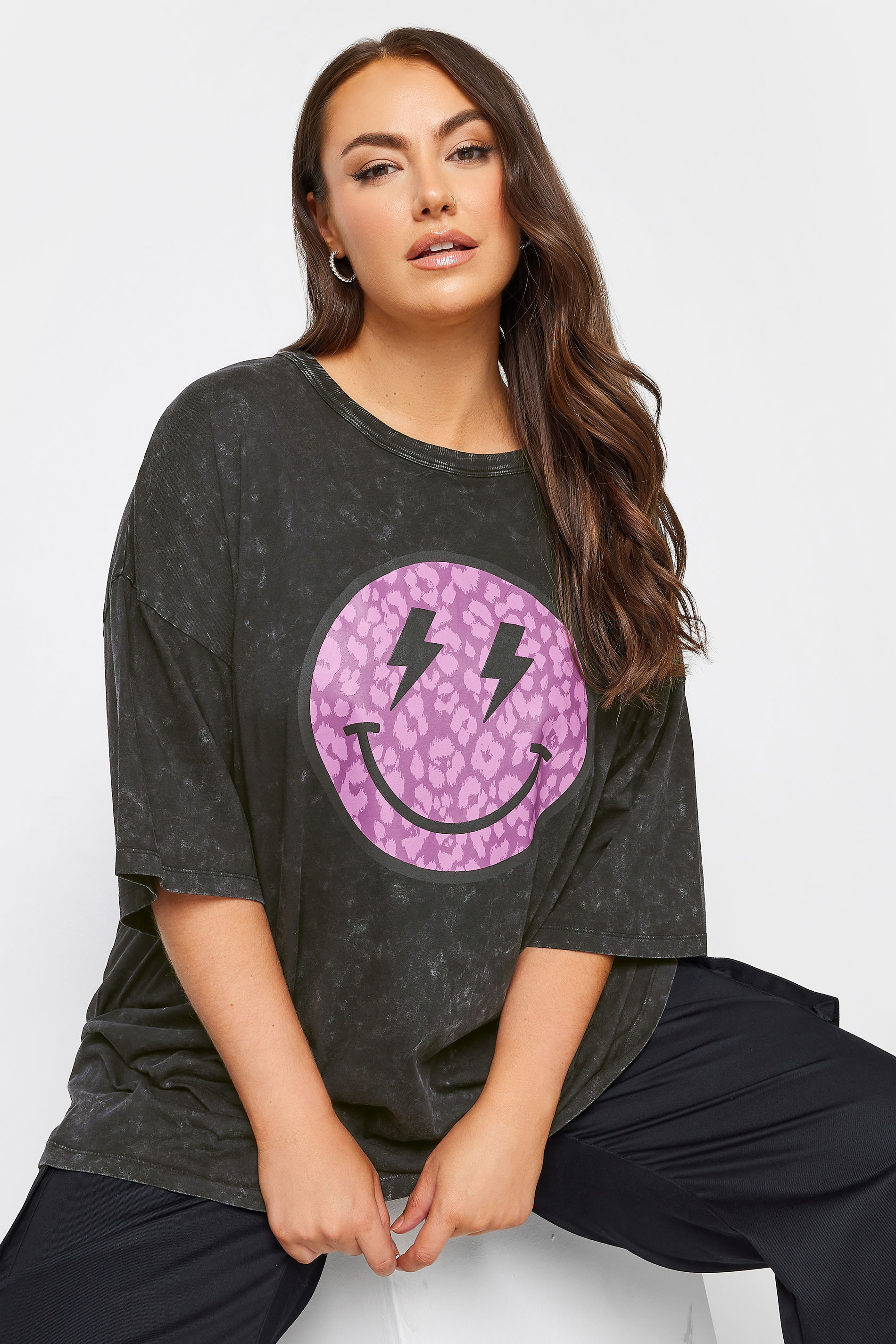 YOURS Curve Plus Size Charcoal Grey & Purple Leopard Print Smiley Face T-Shirt | Yours Clothing  1
