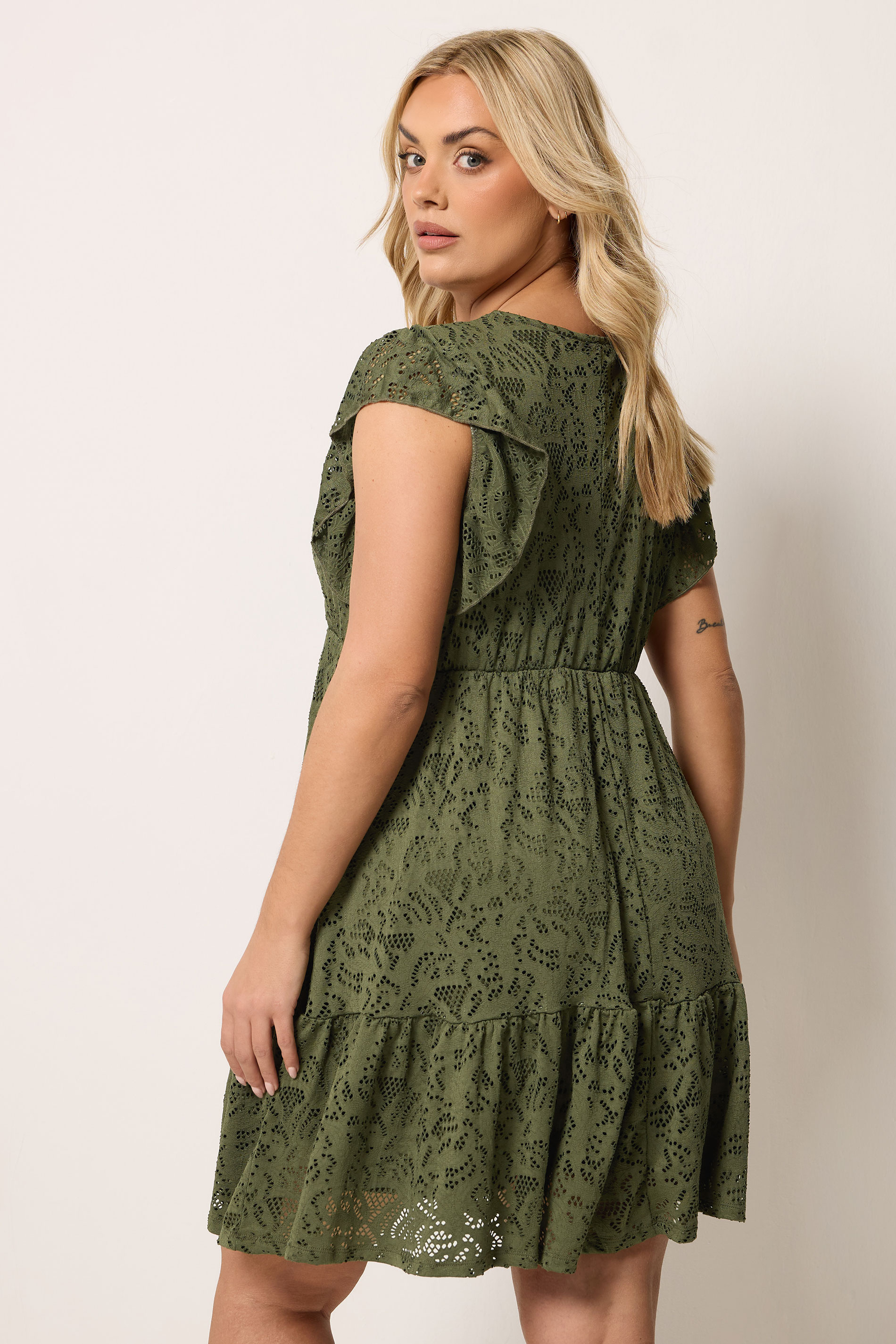 YOURS Plus Size Khaki Green Wrap Pointelle Dress | Yours Clothing 2