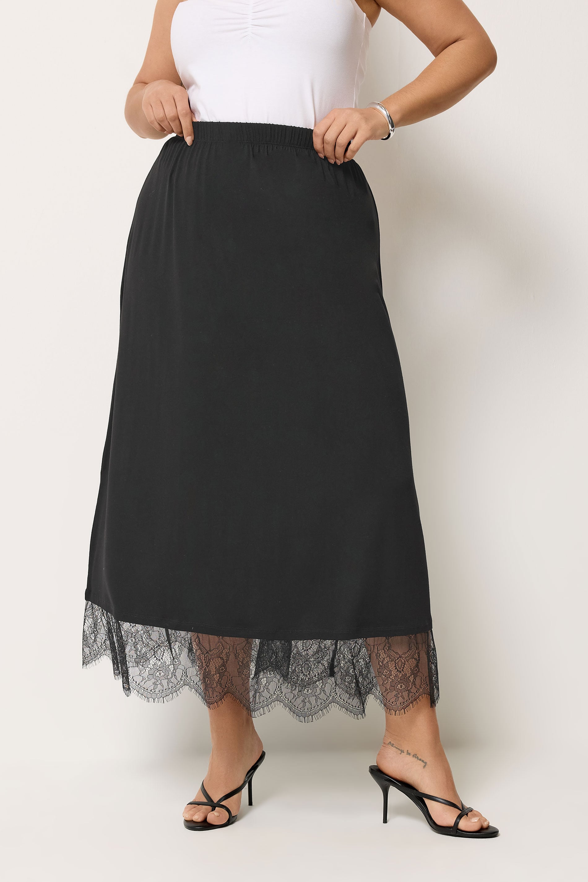 YOURS Plus Size Black Lace Trim Gathered Skirt | Yours Clothing 3