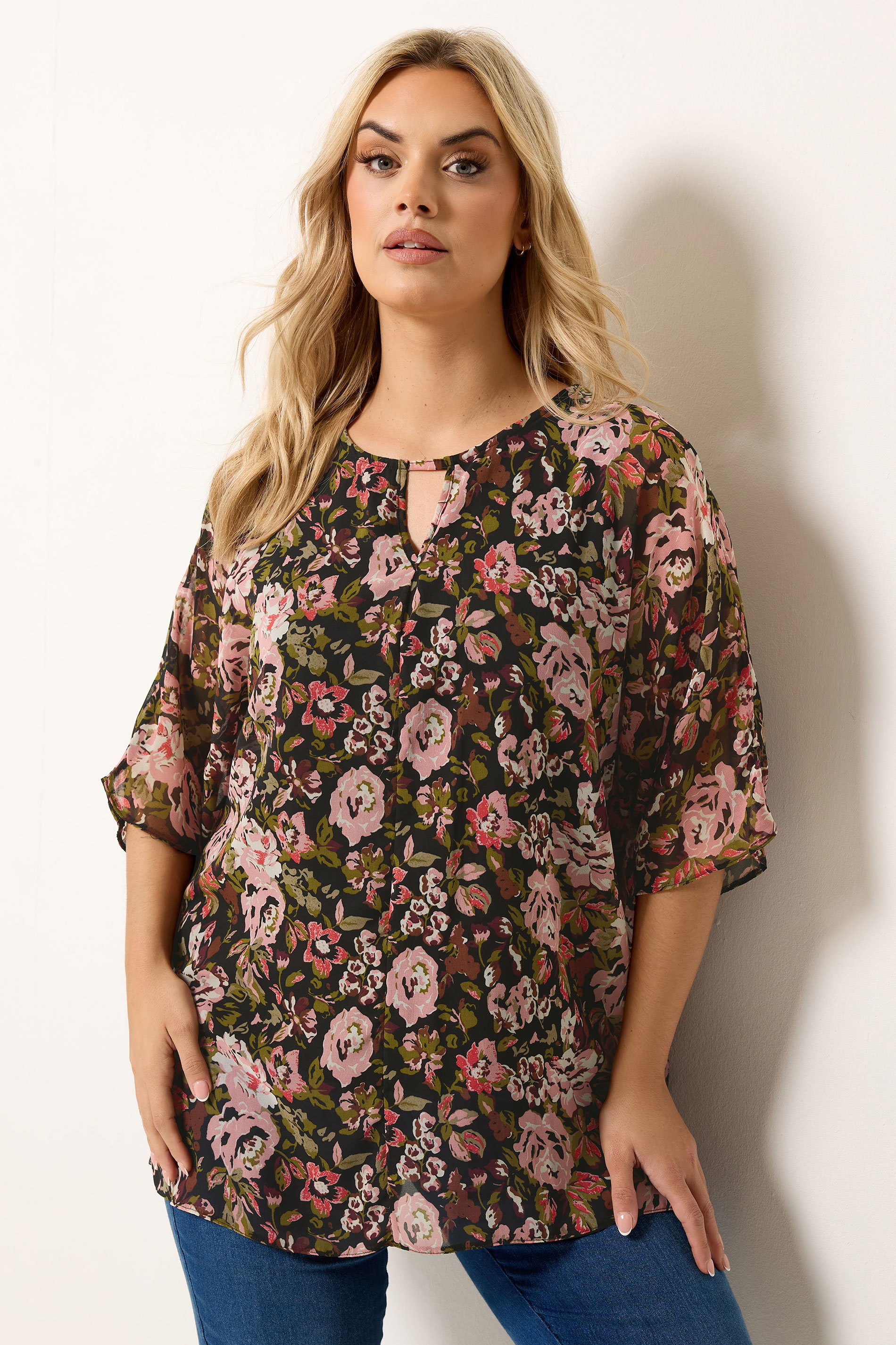 YOURS Plus Size Black Floral Print Keyhole Detail Top | Yours Clothing 3