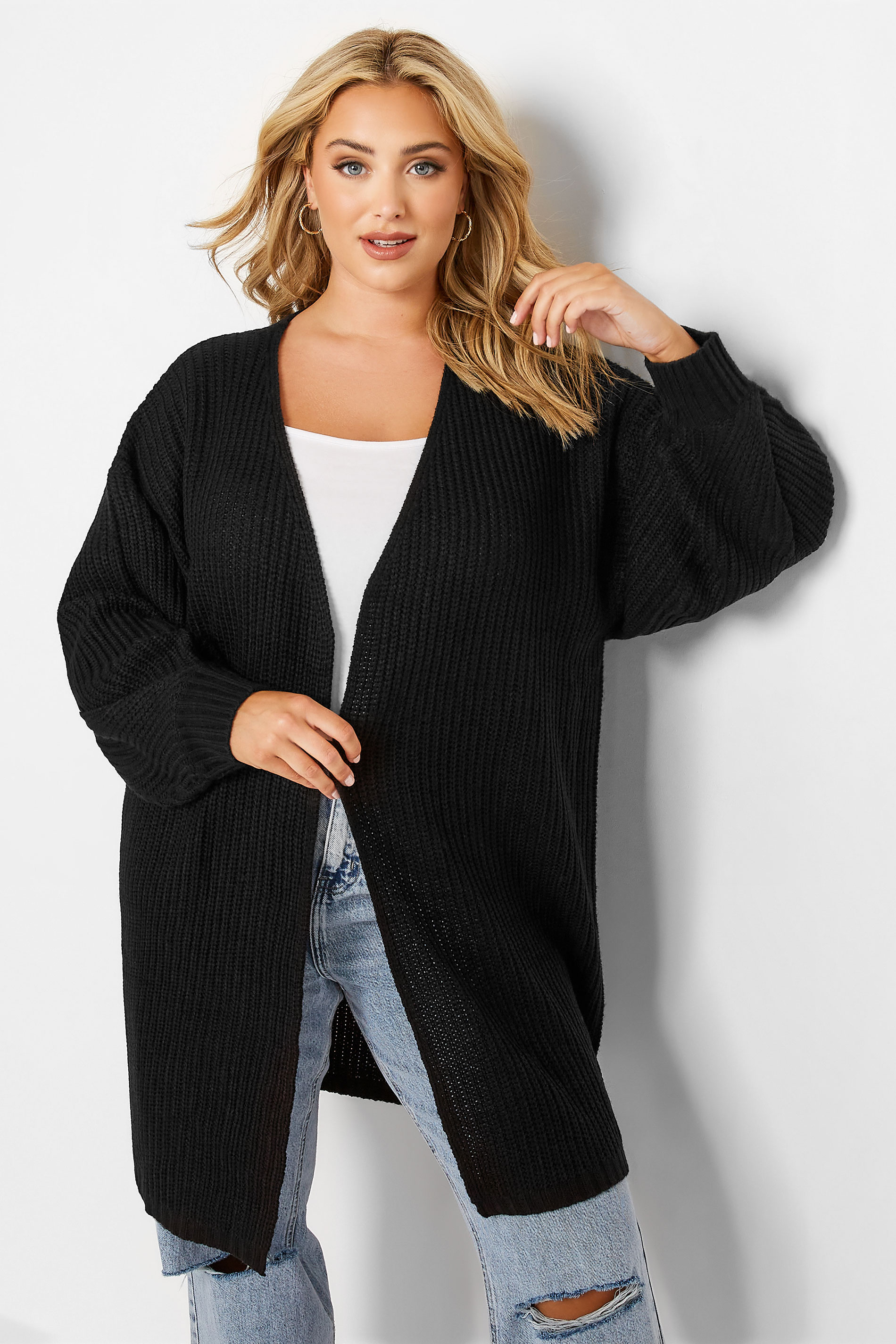 Plus Size Black Pleat Sleeve Knitted Cardigan | Yours Clothing 1